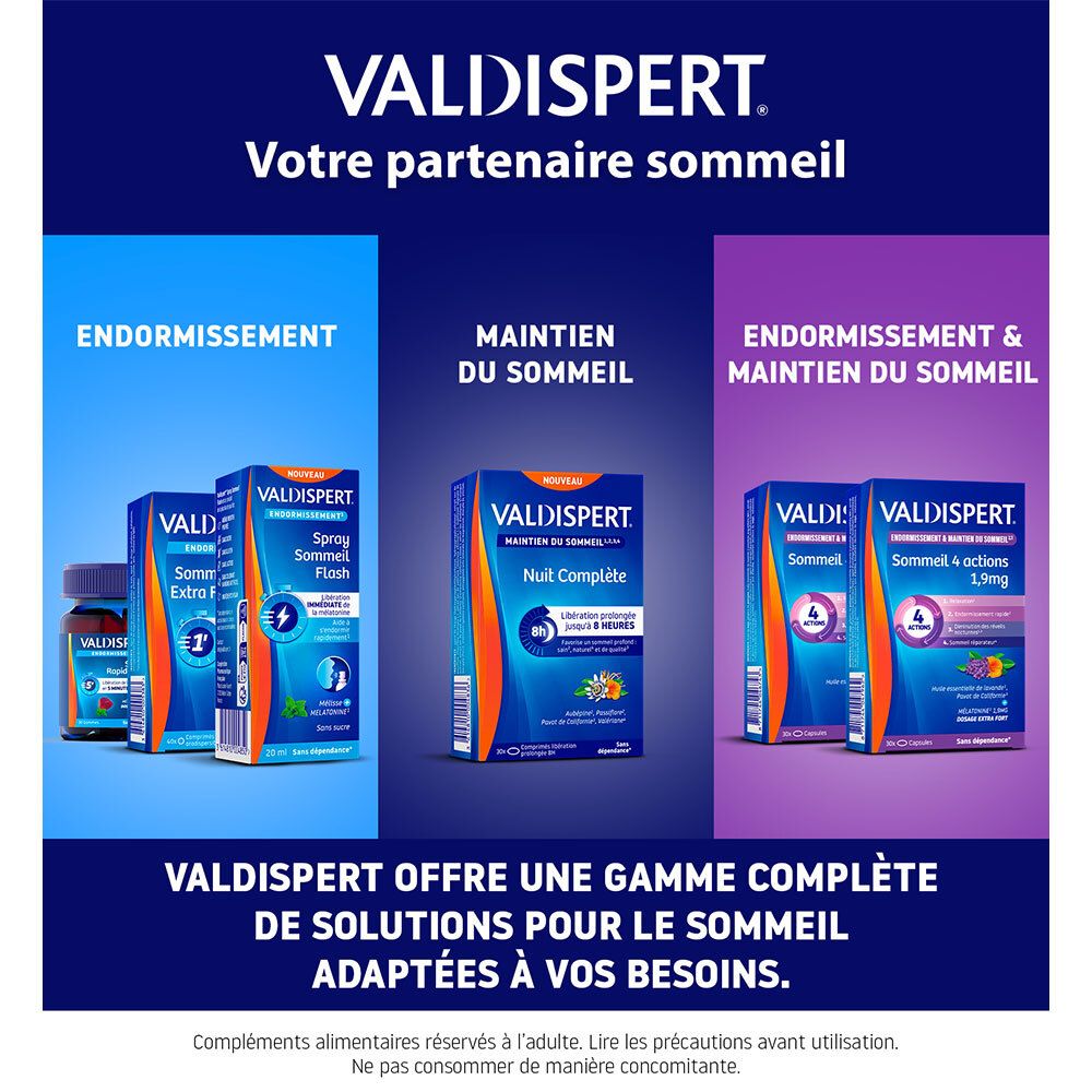 Gamme de produits Valdispert. Différents produits pour le sommeil. Texte : Votre partenaire sommeil.