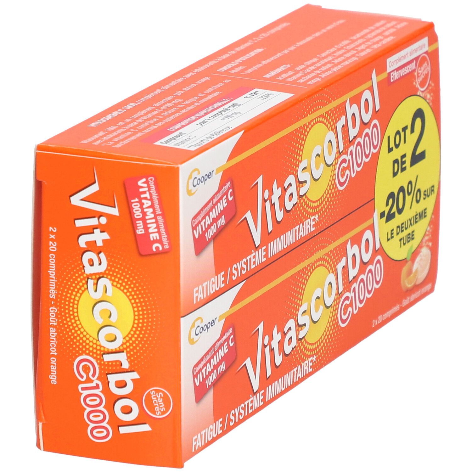 Deux boîtes Vitascorbol C 1000. Emballages oranges en biais, avec informations produit.