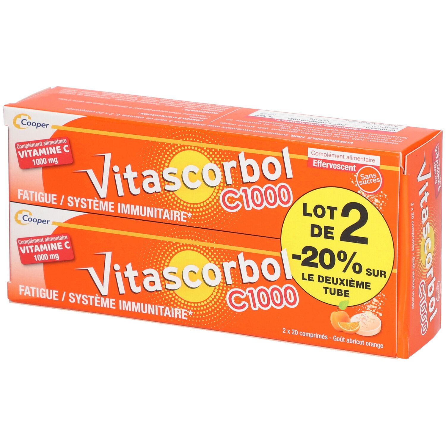 Deux boîtes Vitascorbol C 1000. Emballages oranges avec nom du produit, vitamine C et promotion.