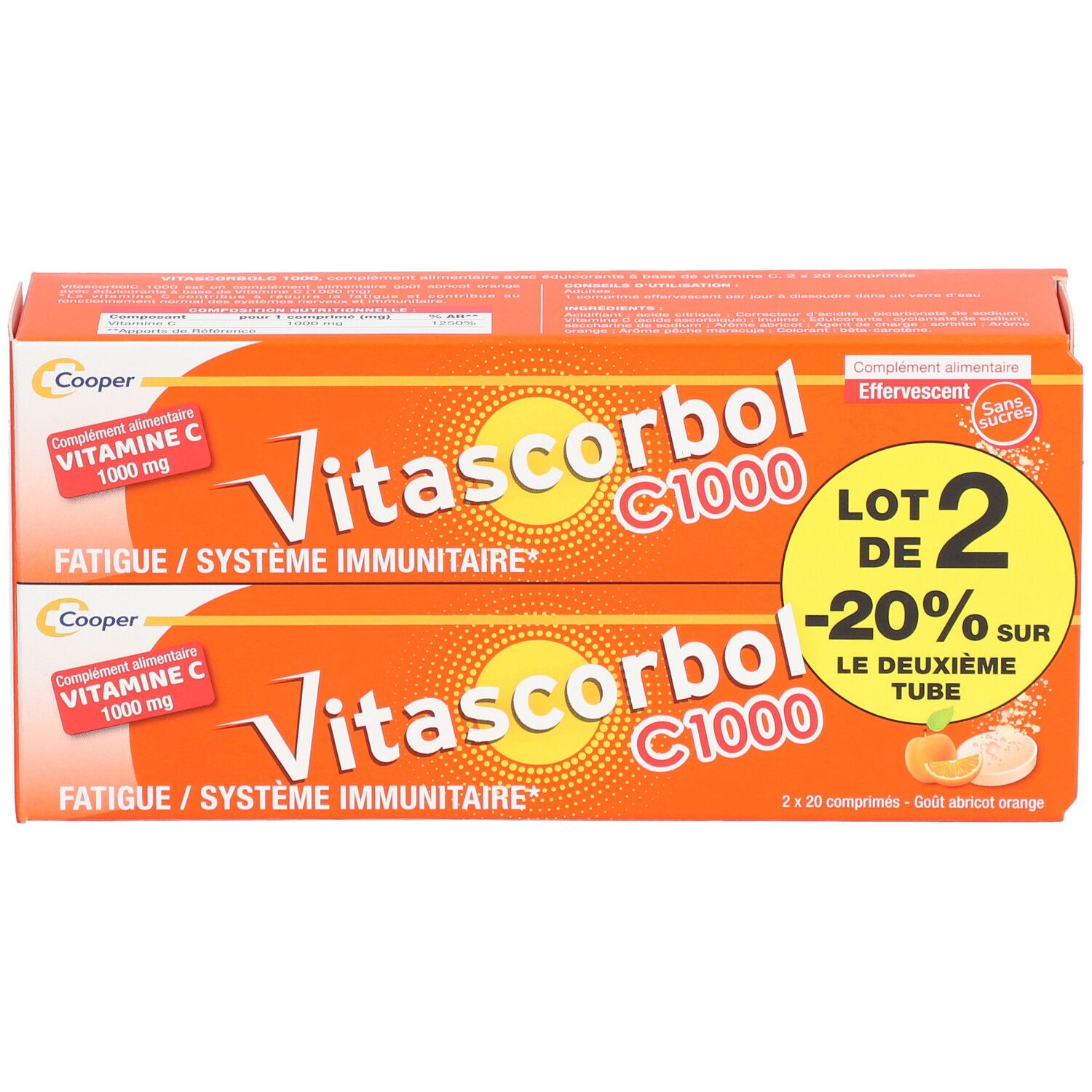 Deux boîtes Vitascorbol C 1000. Emballages oranges avec nom du produit, vitamine C et promotion.