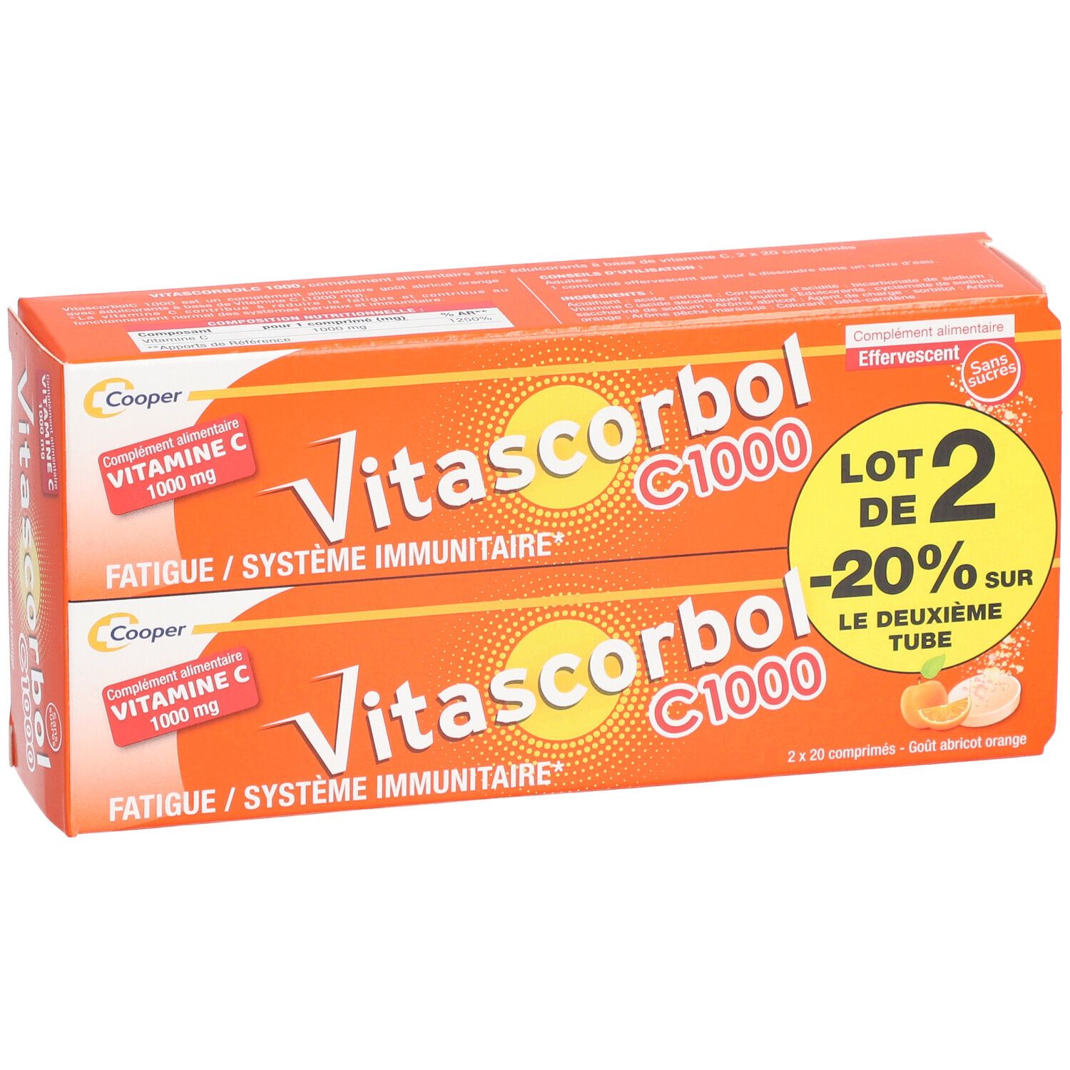 Deux boîtes Vitascorbol C 1000. Emballages oranges avec nom du produit, vitamine C et promotion.