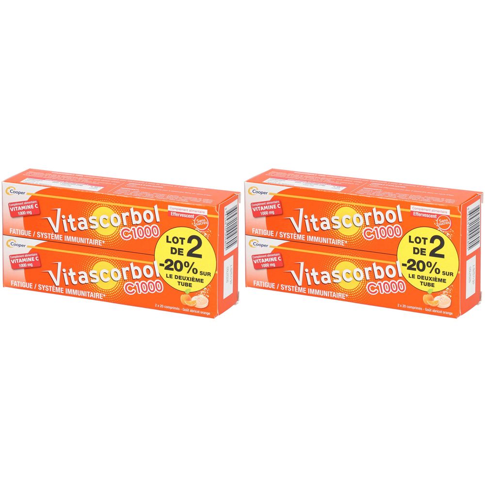 Deux boîtes Vitascorbol C 1000. Emballages oranges avec nom du produit, vitamine C et promotion.