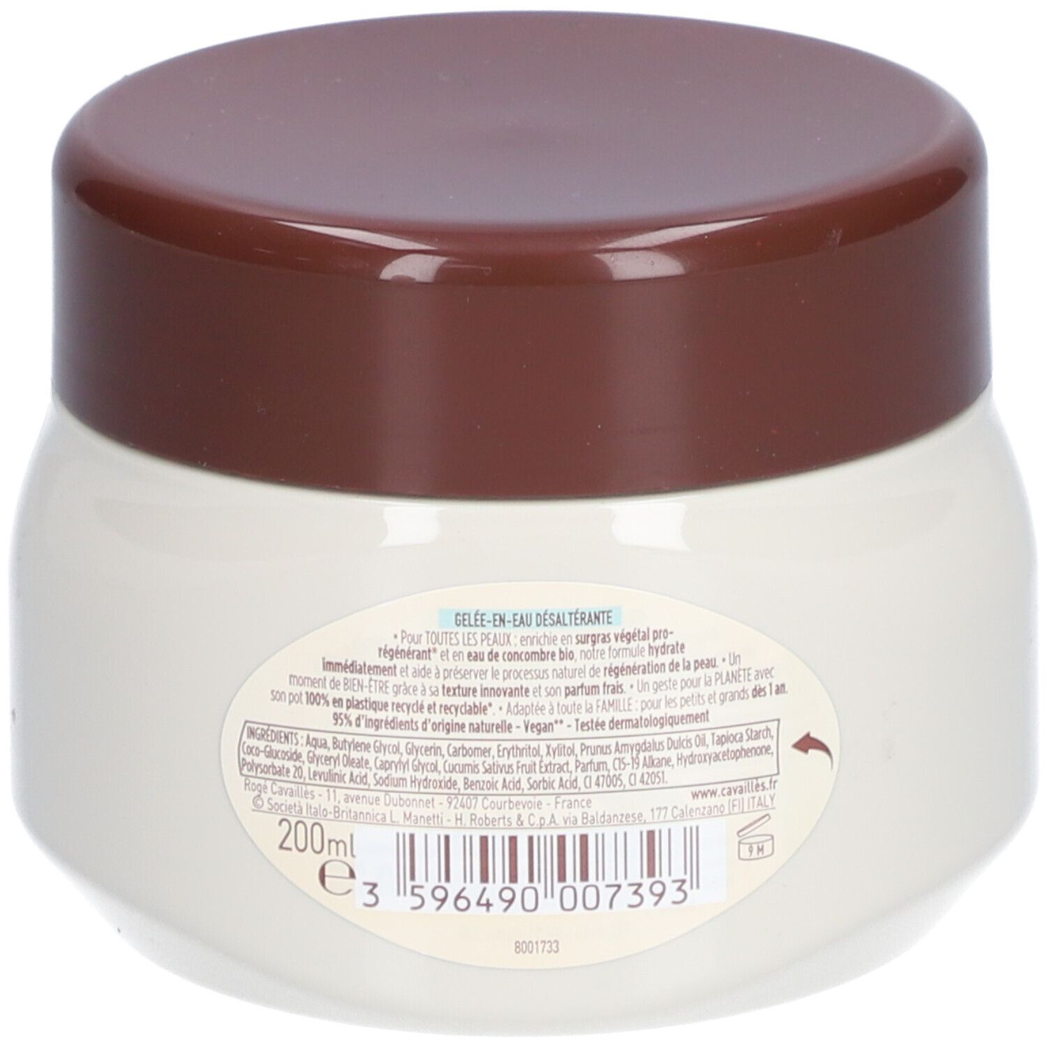 Dos d'un pot blanc avec couvercle marron. Texte: ingrédients, 200ml, code EAN.