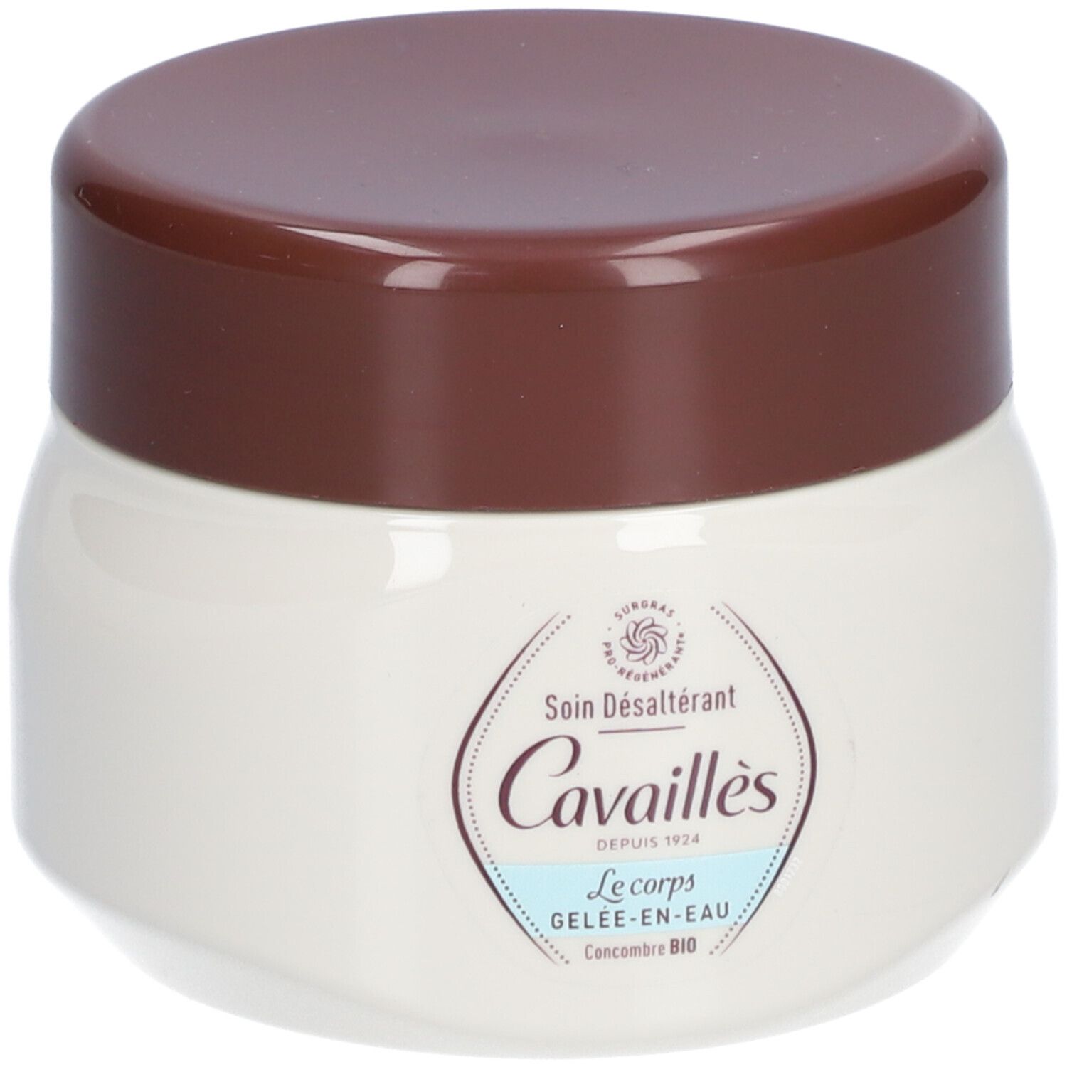 Pot blanc avec couvercle marron. Inscription: Cavaillès, Soin Désaltérant, Le corps Gelée-en-eau, Concombre BIO.