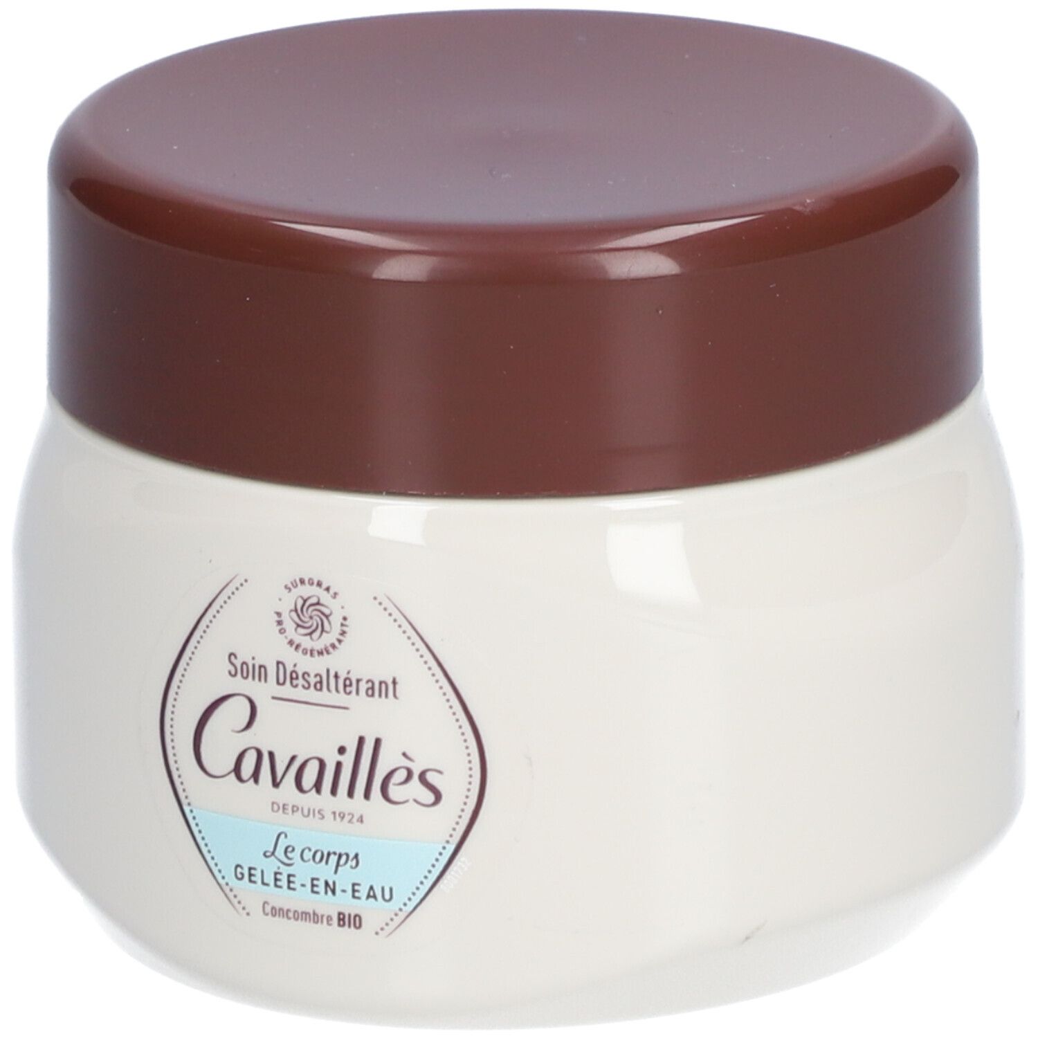 Pot blanc avec couvercle marron. Inscription: Cavaillès, Soin Désaltérant, Le corps Gelée-en-eau, Concombre BIO.