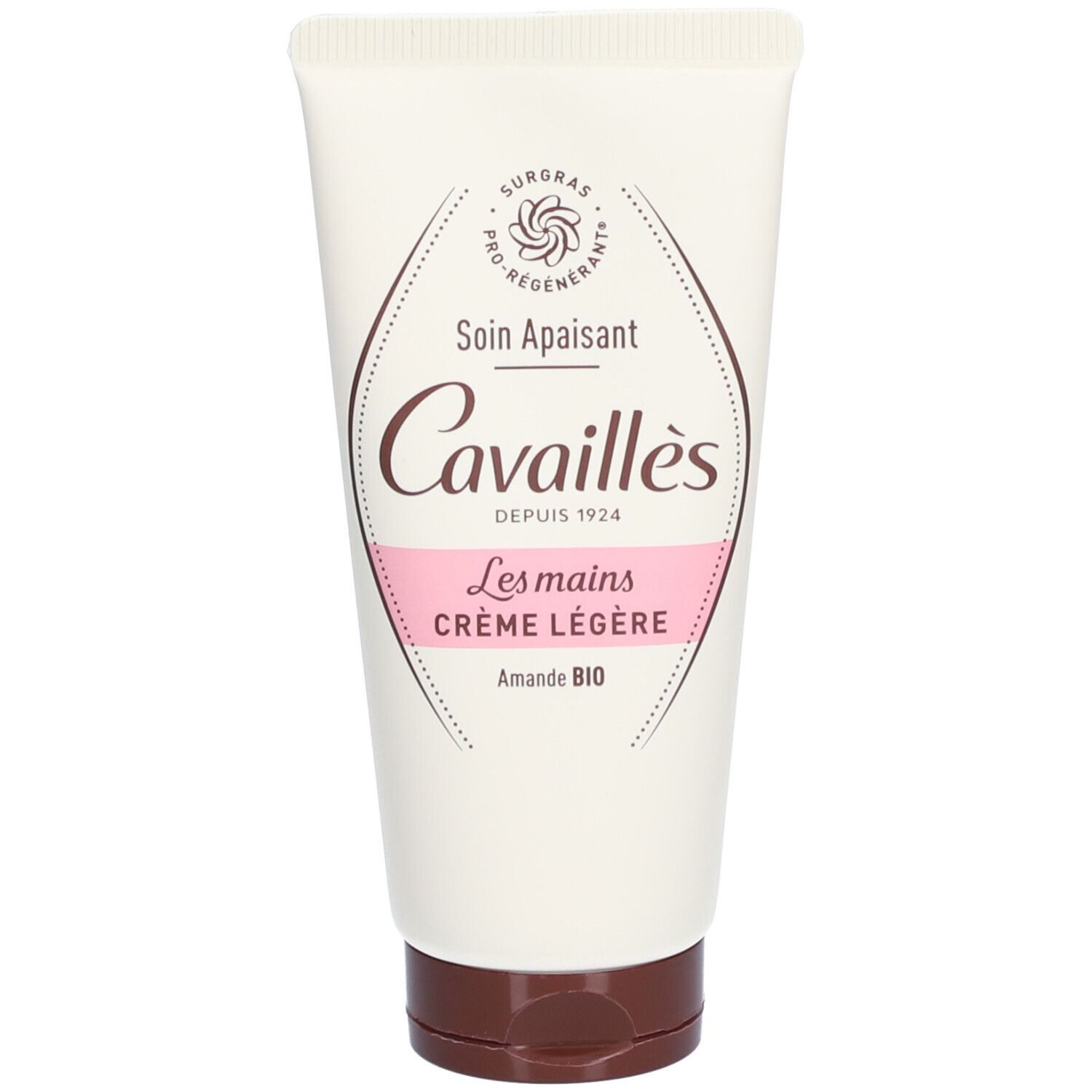 Tube de Crème mains et ongles Légère Cavaillès. Blanc, bouchon marron, texte, touche rose. Amande BIO.