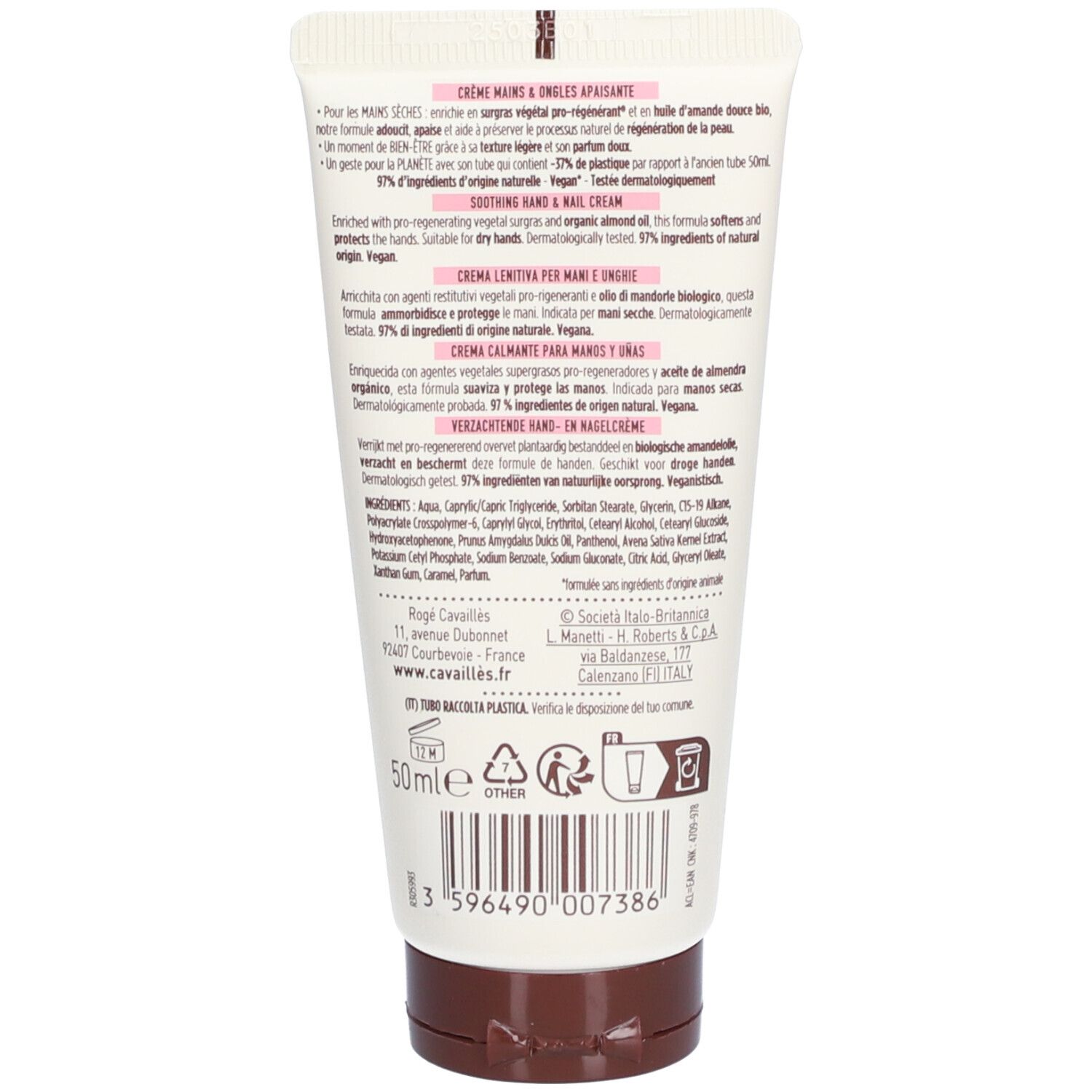 Dos du tube de Crème mains et ongles Légère Cavaillès. Texte, ingrédients, 50ml, bouchon marron.