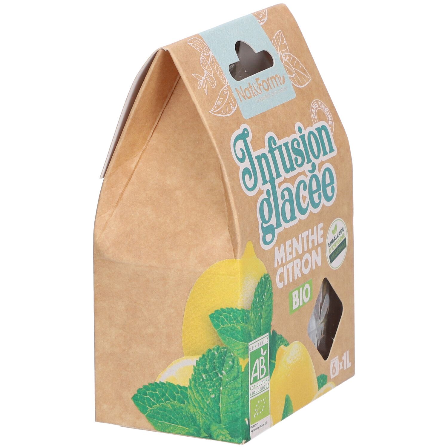 Emballage "Infusion glacée Menthe Citron BIO". Fenêtre avec sachets de thé. Label AB bio. Vue en coin.