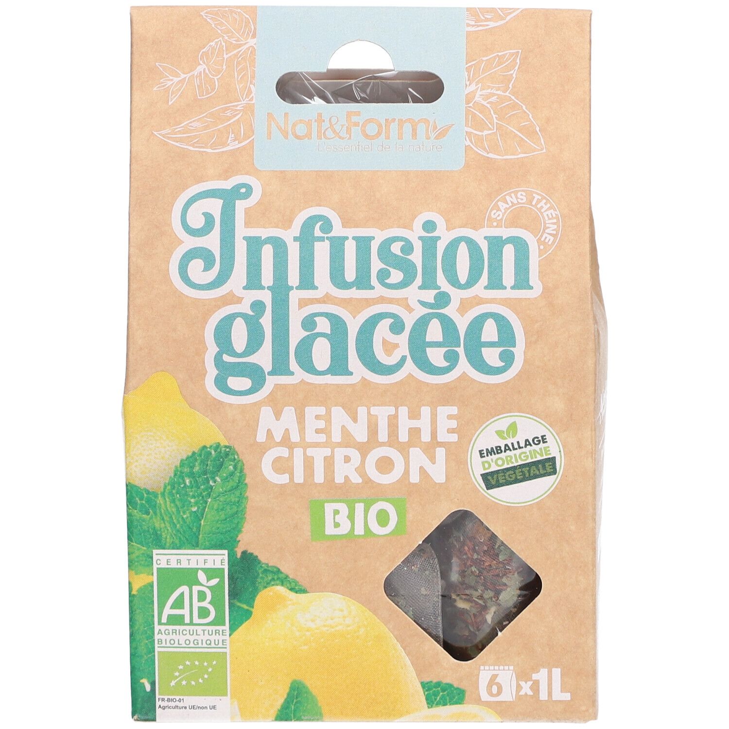 Emballage "Infusion glacée Menthe Citron BIO". Fenêtre avec sachets de thé. Label AB bio.