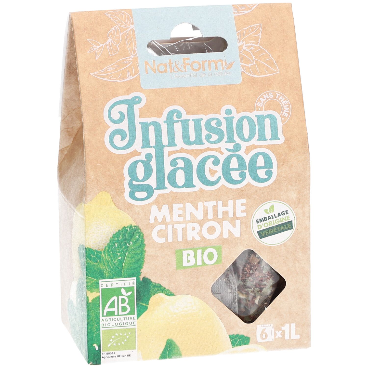 Emballage "Infusion glacée Menthe Citron BIO". Fenêtre avec sachets de thé. Label AB bio.