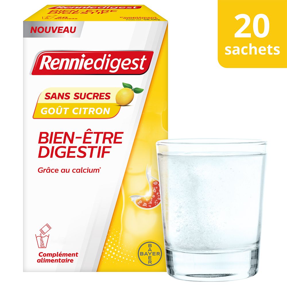 Renniedigest-Verpackung, 20 Sachets, Zitrone-Geschmack, ohne Zucker. Glas Wasser.