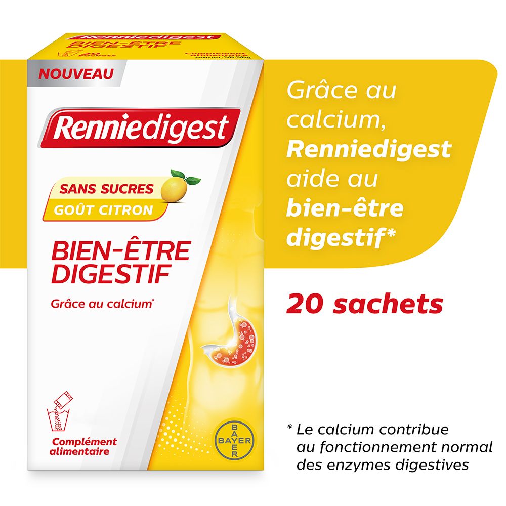 Renniedigest-Verpackung, 20 Sachets, Zitrone-Geschmack, ohne Zucker. Bayer-Logo.