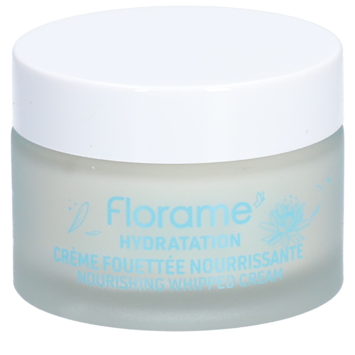 Creme-Glas mit weißem Deckel. Aufschrift: Florame, Hydratation, Crème Fouettée Nourrissante, Nourishing Whipped Cream.