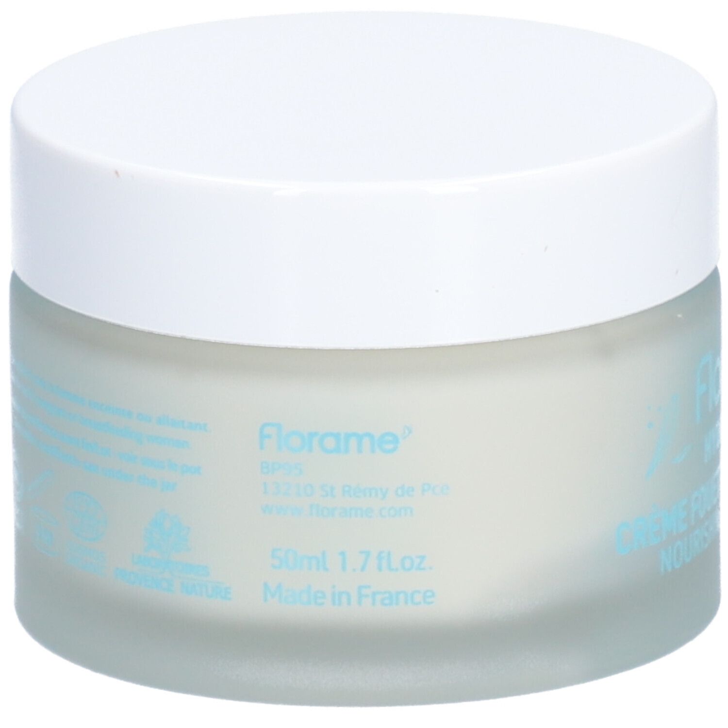 Creme-Glas mit weißem Deckel. Aufschrift: Florame, Crème Fouettée Nourrissante, 50ml, 1.7 fl.oz., Made in France.