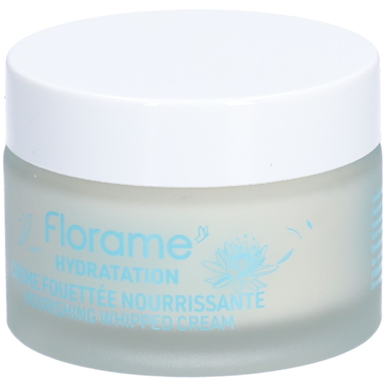 Creme-Glas mit weißem Deckel. Aufschrift: Florame, Hydratation, Crème Fouettée Nourrissante, Nourishing Whipped Cream.