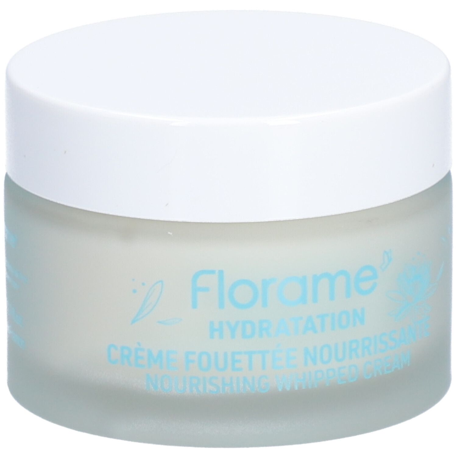Creme-Glas mit weißem Deckel. Aufschrift: Florame, Hydratation, Crème Fouettée Nourrissante, Nourishing Whipped Cream.