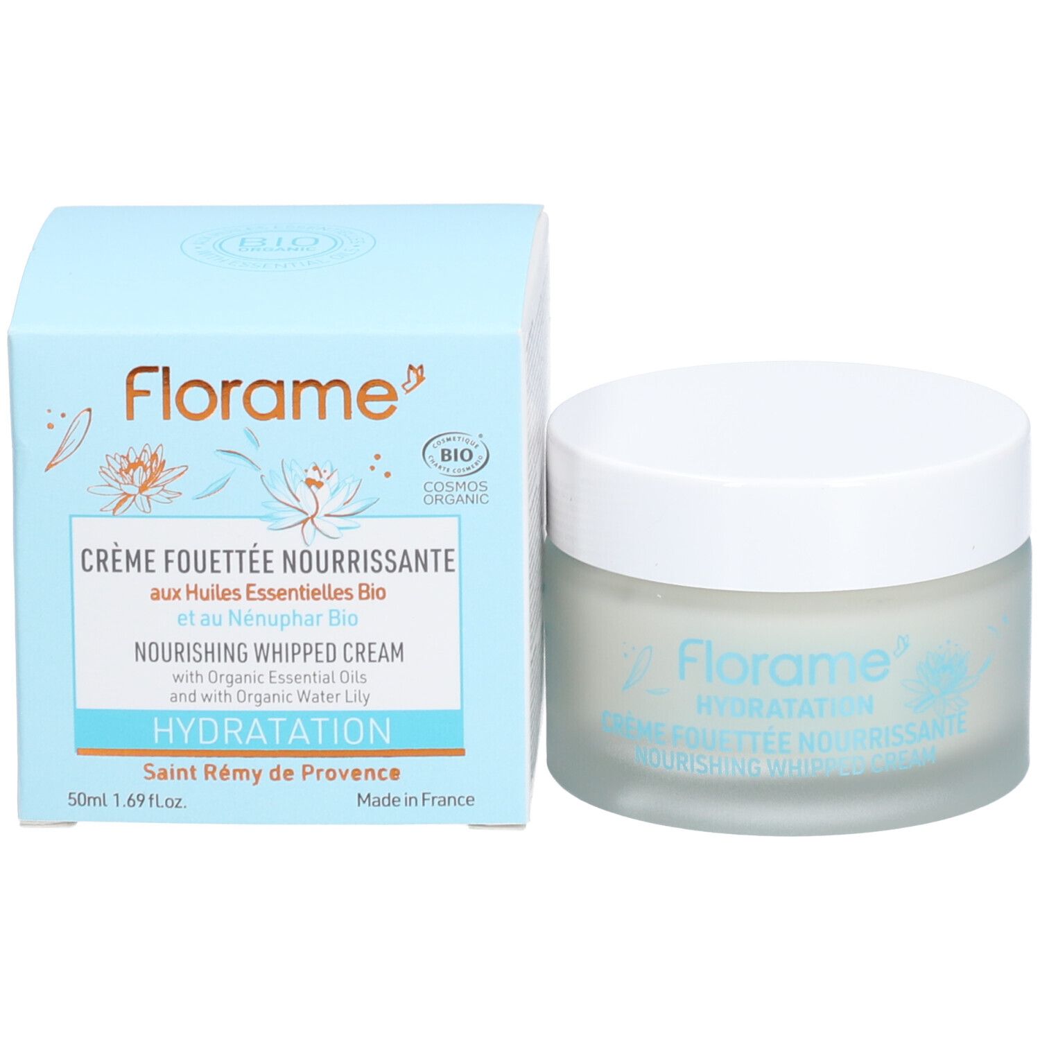 Creme-Glas und Schachtel. Aufschrift: Florame, Crème Fouettée Nourrissante, 50ml, 1.69 fl.oz., Made in France.
