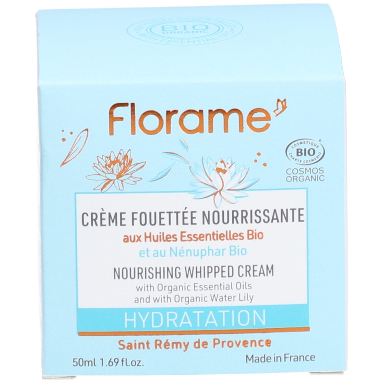 Hellblaue Schachtel. Aufschrift: Florame, Crème Fouettée Nourrissante, 50ml, 1.69 fl.oz., Made in France.