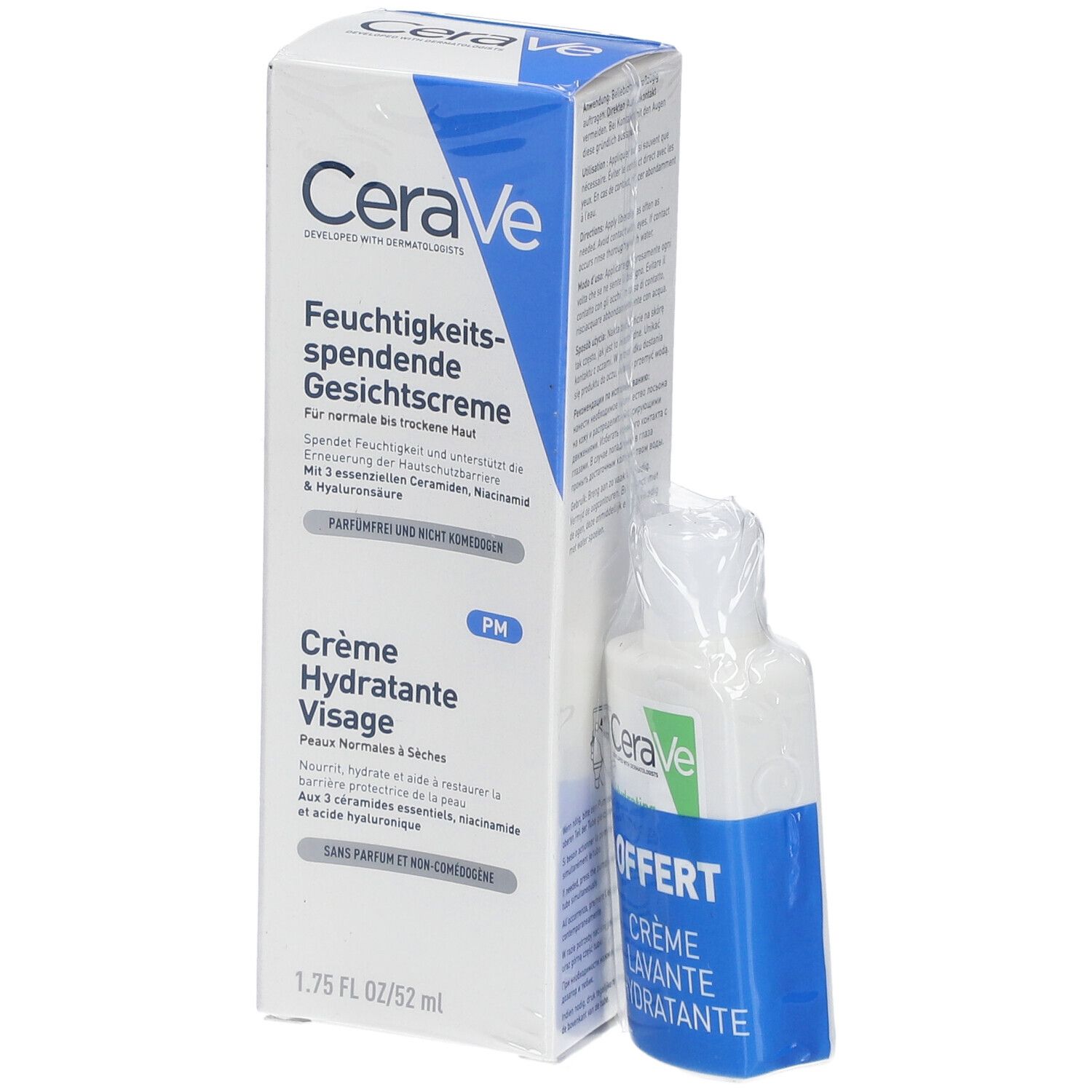 CeraVe Crème Hydratante Visage 52 ml + Crème Lavante 20 ml offerte pour les peaux normales à sèches