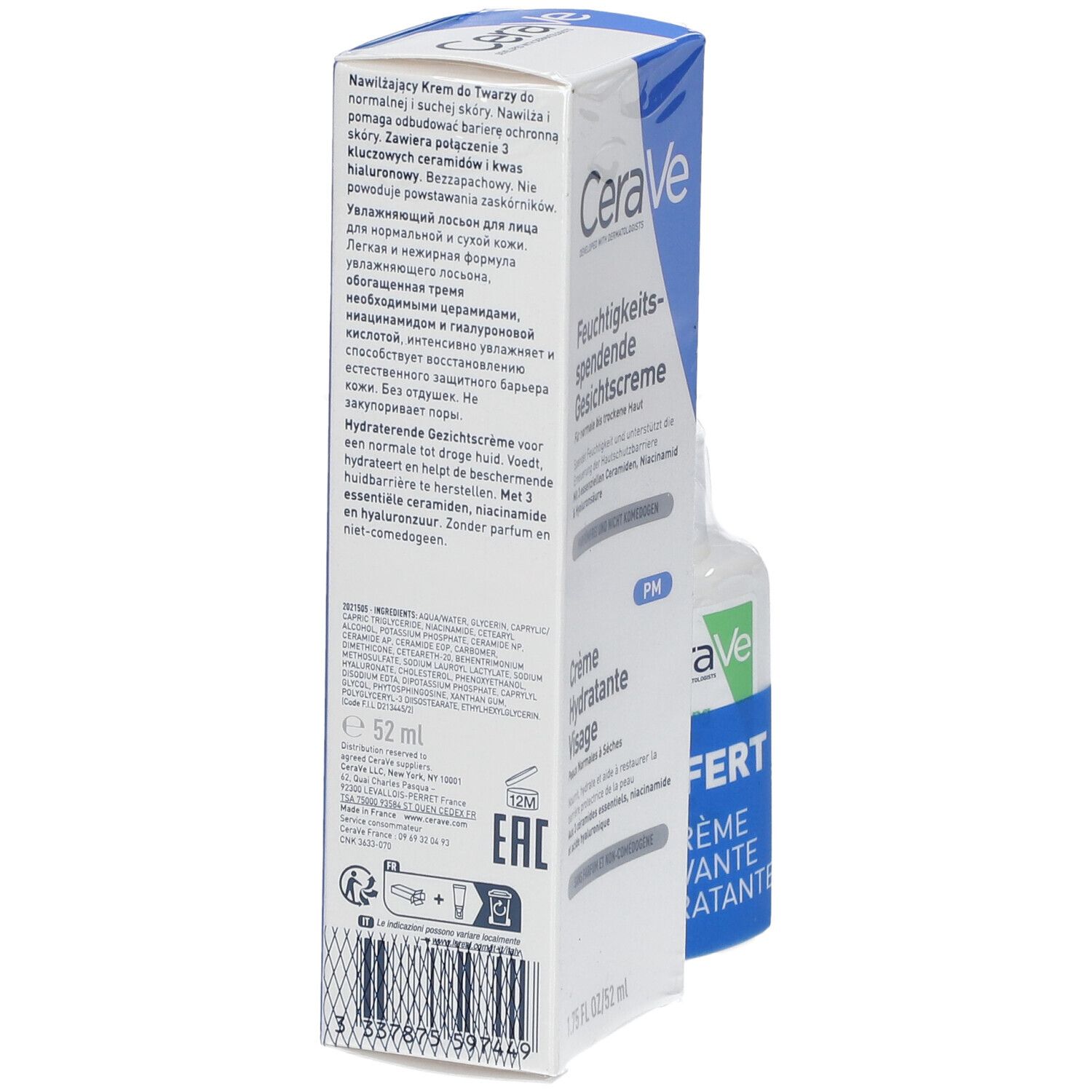 CeraVe Feuchtigkeitscreme Gesicht Verpackung. Seitenansicht mit Produktnamen und Inhaltsangaben. 52 ml.