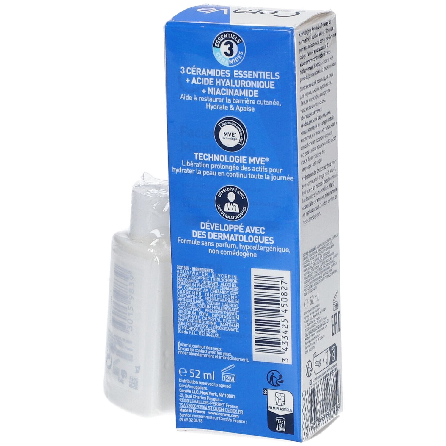 CeraVe Feuchtigkeitscreme Gesicht Verpackung. Rückseite mit Produktinformationen und Inhaltsstoffen. 3 Ceramide.