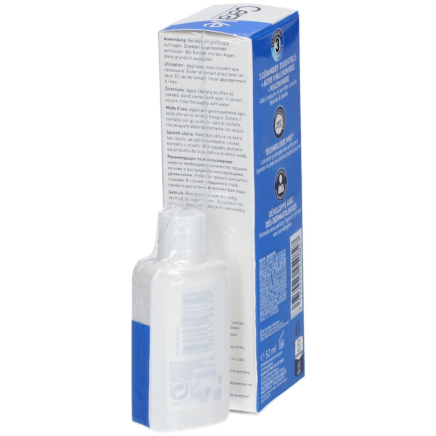 CeraVe Feuchtigkeitscreme Gesicht Verpackung. Rückseite mit Anwendungsanweisungen und Inhaltsstoffen. Dermatologisch getestet.