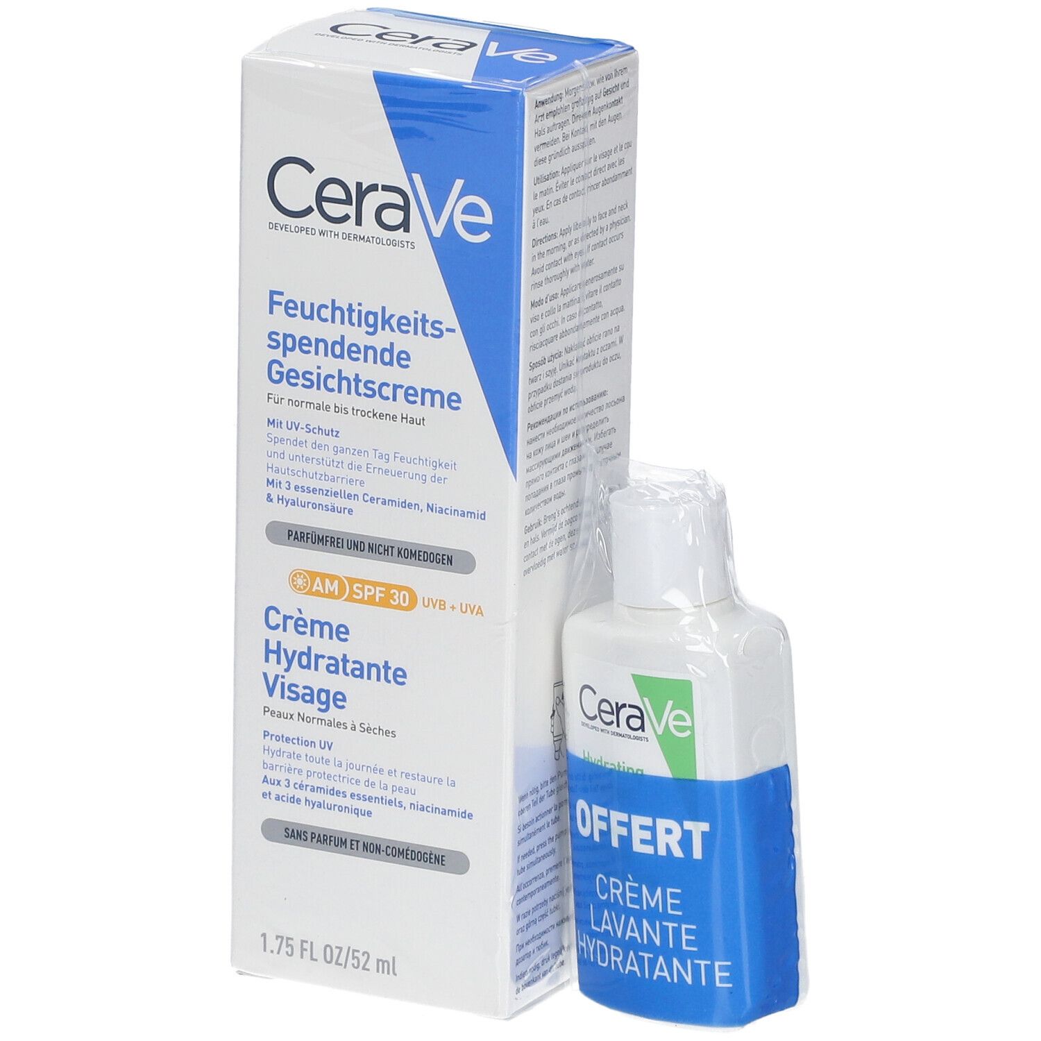 CeraVe Crème Hydratante Visage SPF 30 52ml + Crème Lavante 20ml offerte pour les peaux normales à sèches
