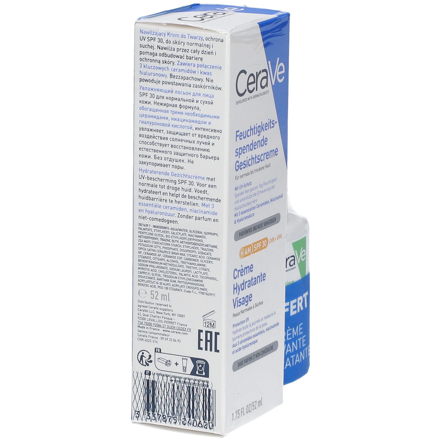 Emballage de crème pour le visage. Blanc et bleu. Marque CeraVe. Texte : "Crème Hydratante Visage". Avec SPF 30. Informations au dos.
