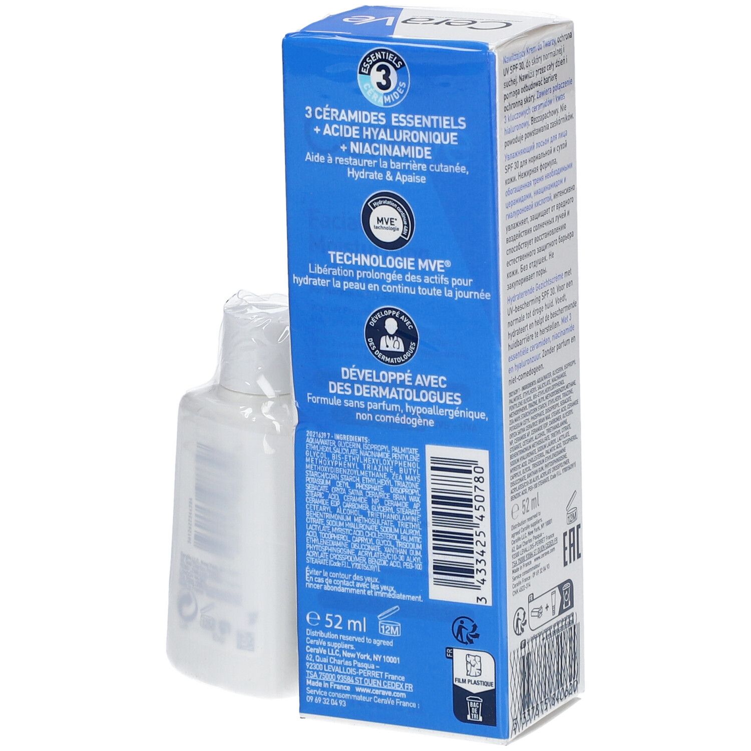 Emballage de crème pour le visage. Blanc et bleu. Marque CeraVe. Texte : "Crème Hydratante Visage". Ingrédients et informations au dos.