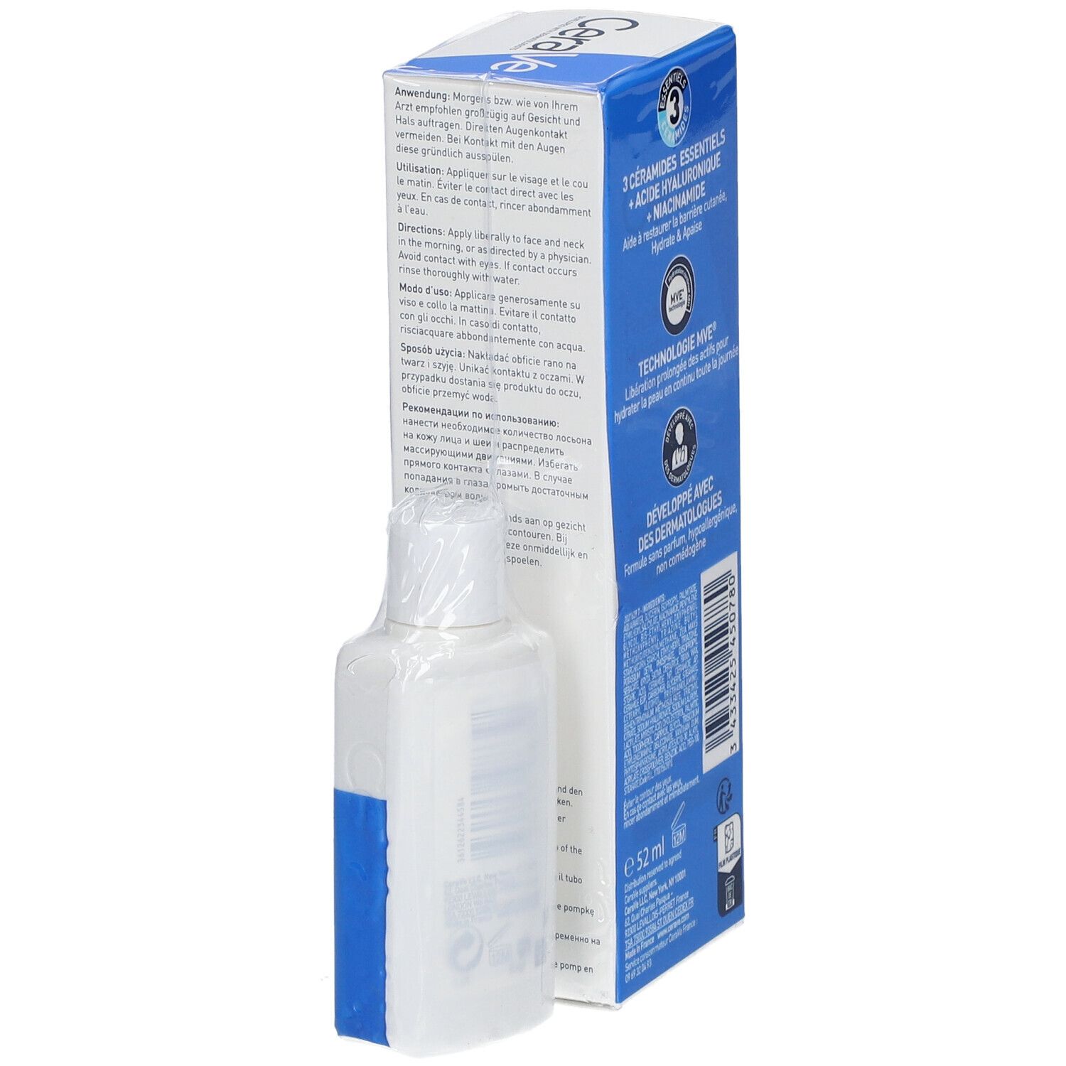 Emballage de crème pour le visage. Blanc et bleu. Marque CeraVe. Texte : "Crème Hydratante Visage". Instructions et ingrédients au dos.