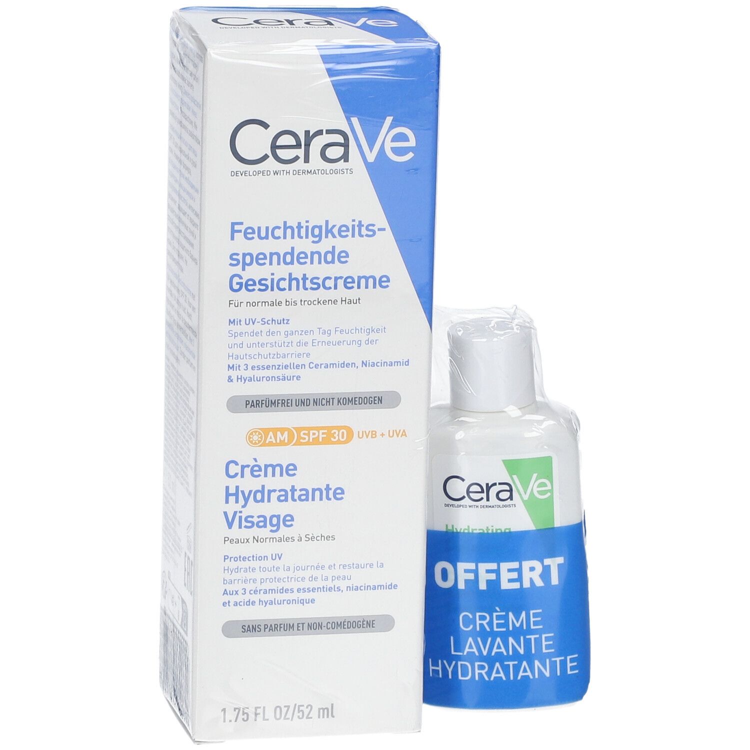 Crème hydratante visage et lotion nettoyante. Emballage blanc et bleu. Marque CeraVe. "Crème Hydratante Visage" et "Crème Lavante".