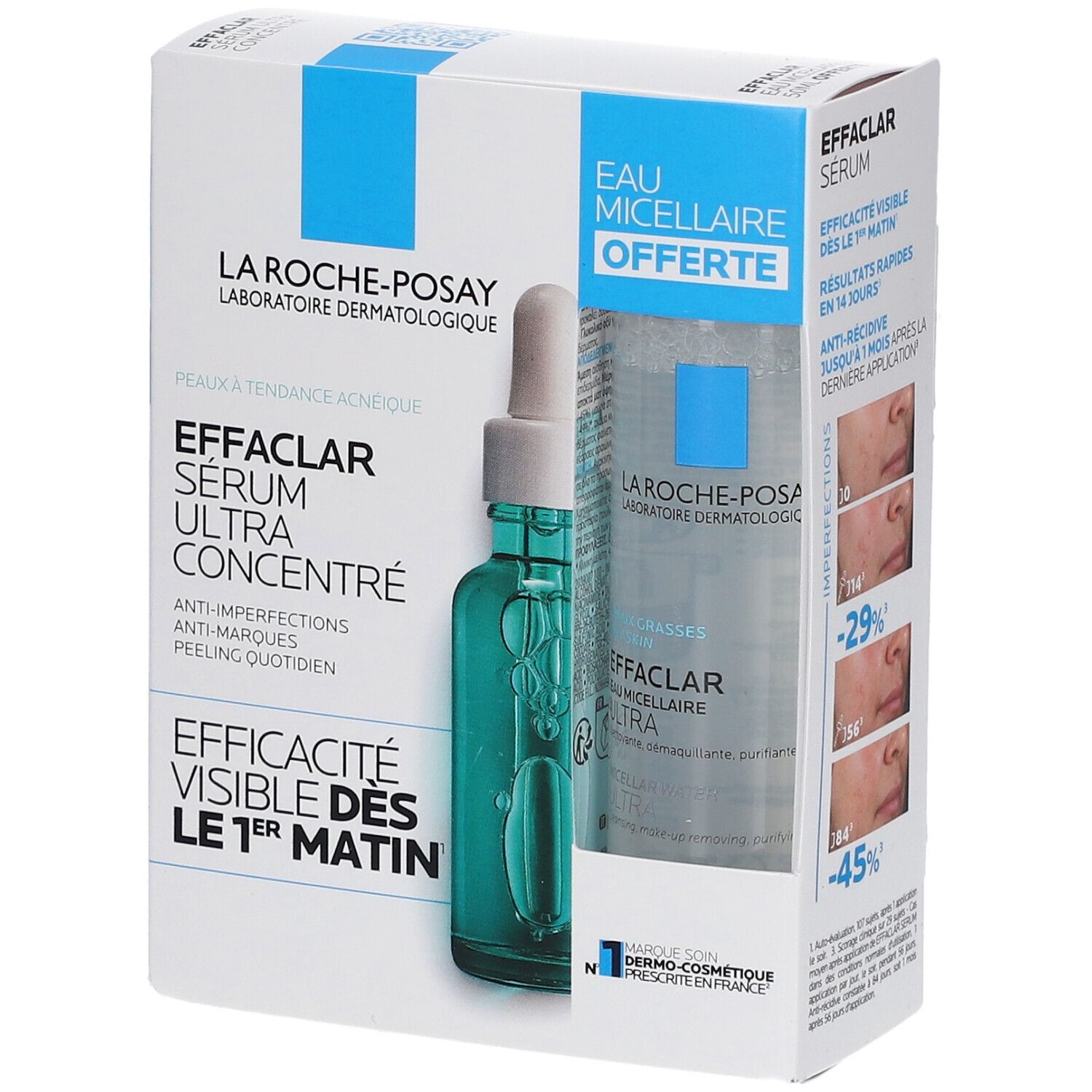 Coffret EFFACLAR Sérum Ultra Concentré et Eau Micellaire offerte. Inscription: Efficacité visible dès le 1er matin. Peaux à tendance acnéique.