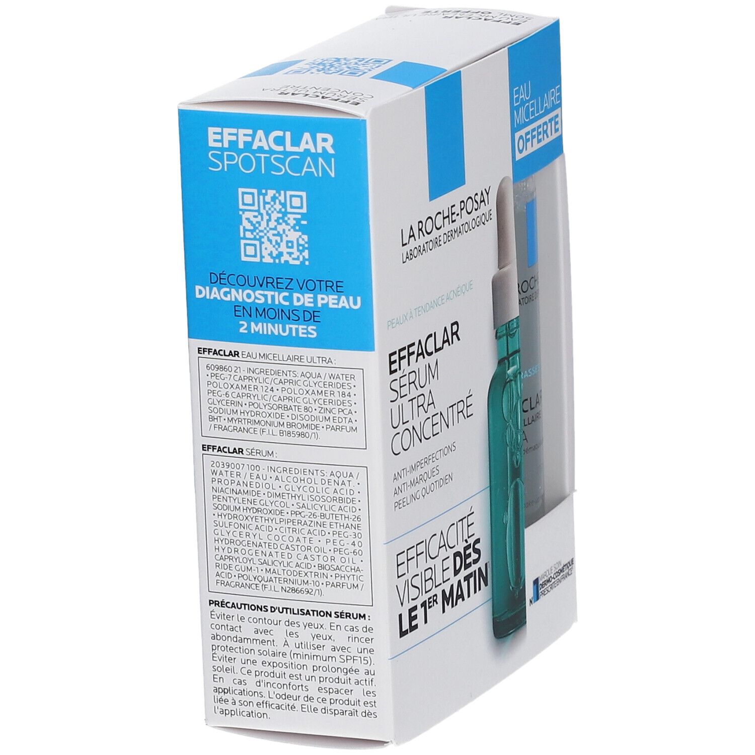 Coffret EFFACLAR Sérum Ultra Concentré. Ingrédients et conseils d'utilisation. Code QR pour diagnostic de peau en 2 minutes.