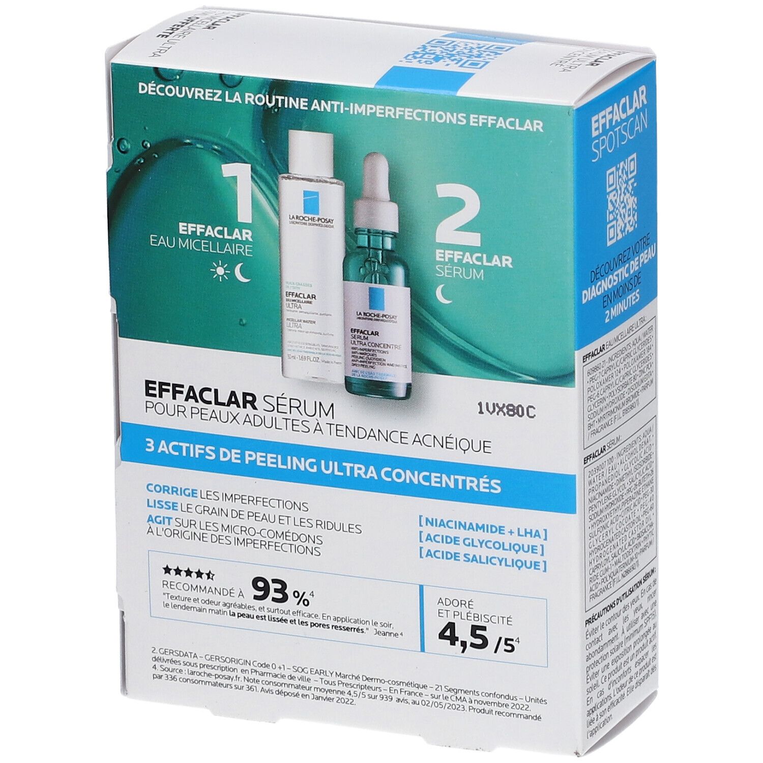 Coffret EFFACLAR Sérum et Eau Micellaire. Inscription: 3 actifs. Évaluation 4,5/5. Recommandation 93%. Pour peaux à tendance acnéique.