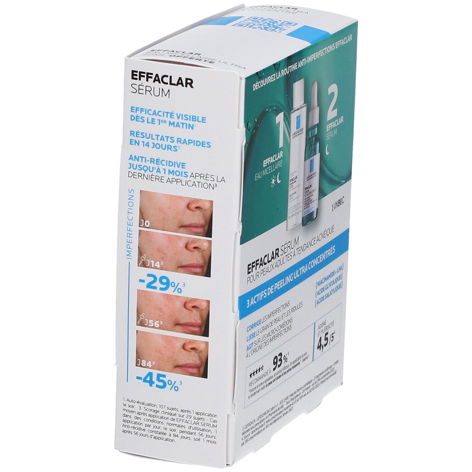 Coffret EFFACLAR Sérum. Résultats en 14 jours. Anti-récidive jusqu'à 1 mois. Évaluation 4,5/5. Pour peaux à tendance acnéique.