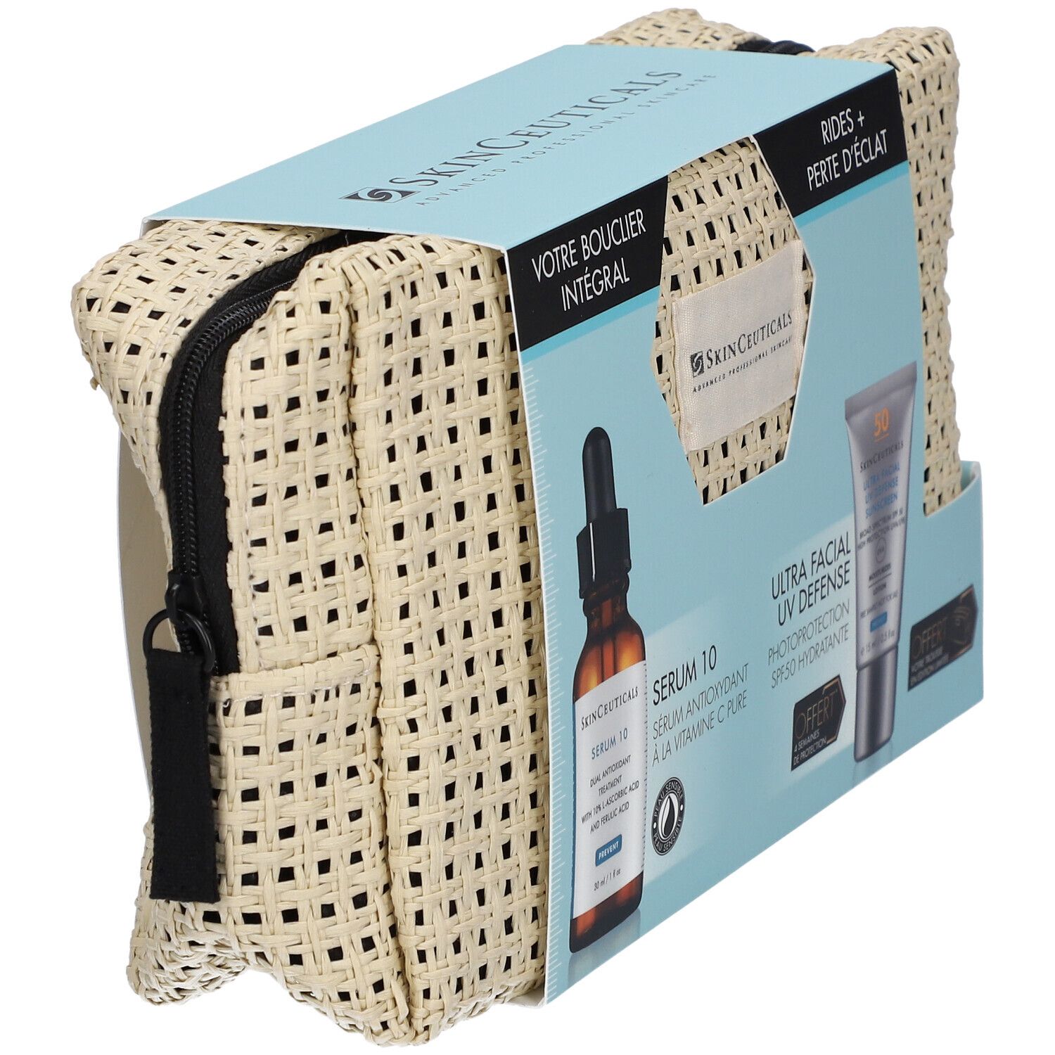Cadeauset met Serum 10 en UV-bescherming. Beige toilettas met rits. SkinCeuticals-logo en productnamen.
