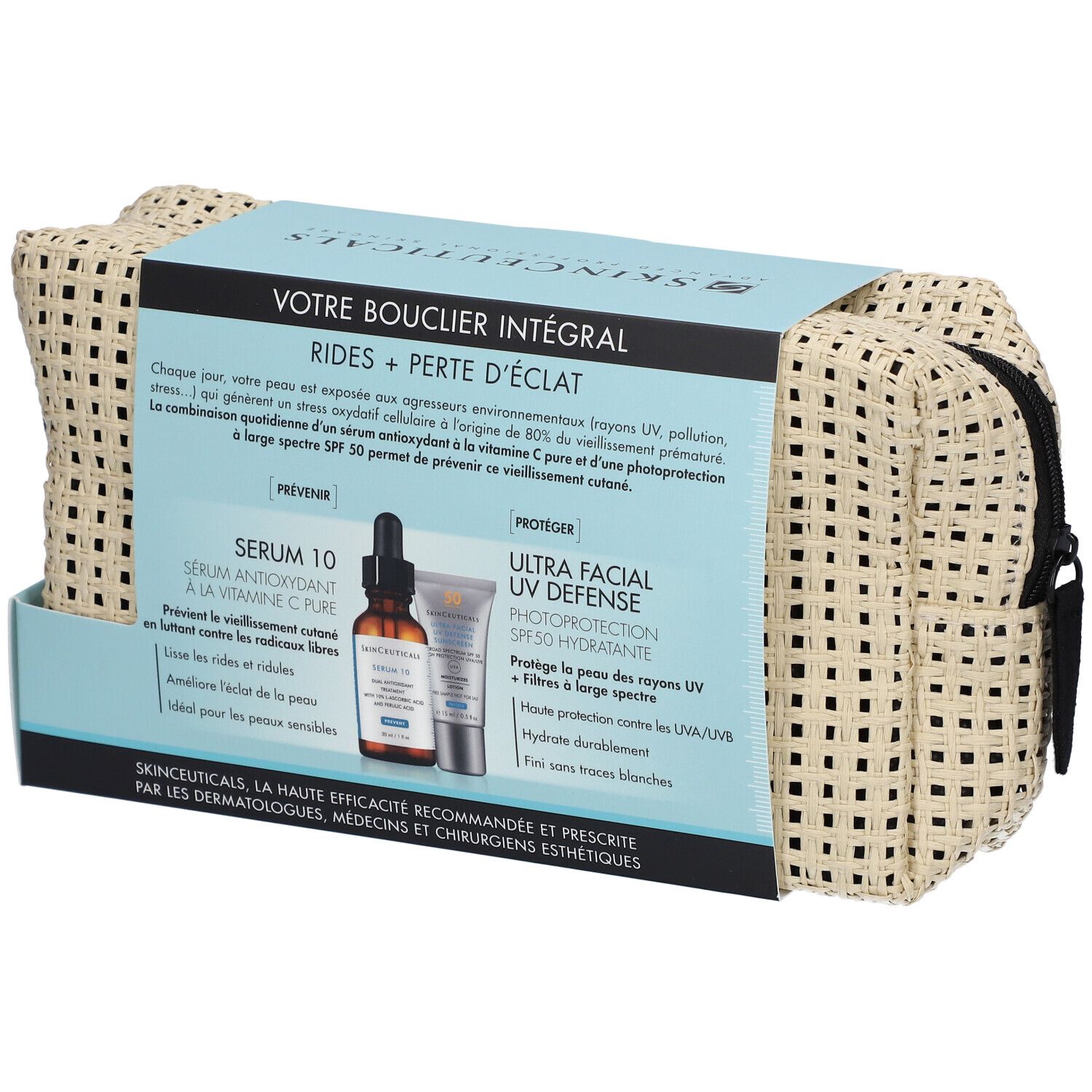 Cadeauset met Serum 10 en UV-bescherming. Beige toilettas met rits. SkinCeuticals-logo en productnamen.