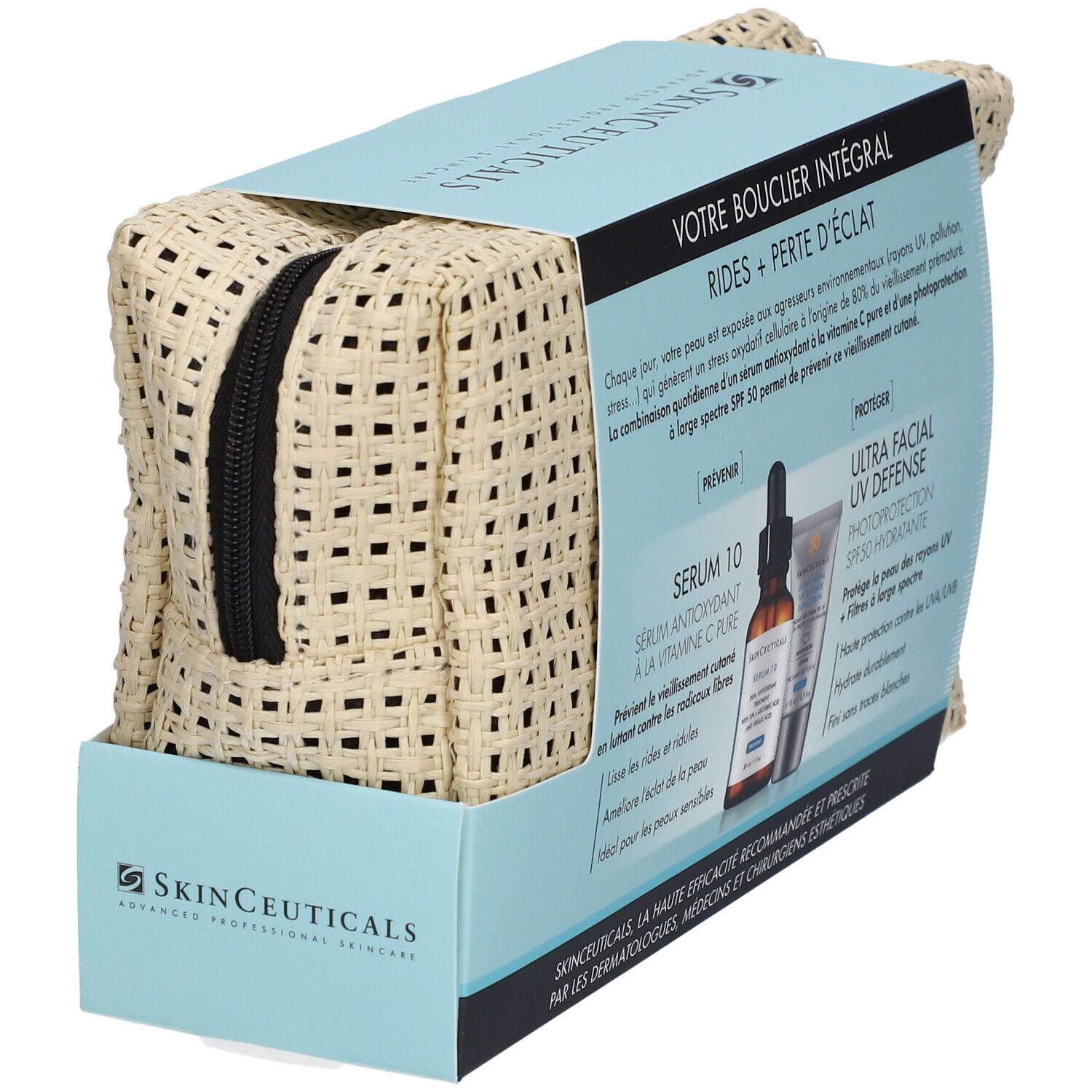 Cadeauset met Serum 10 en UV-bescherming. Beige toilettas met rits. SkinCeuticals-logo en productnamen.