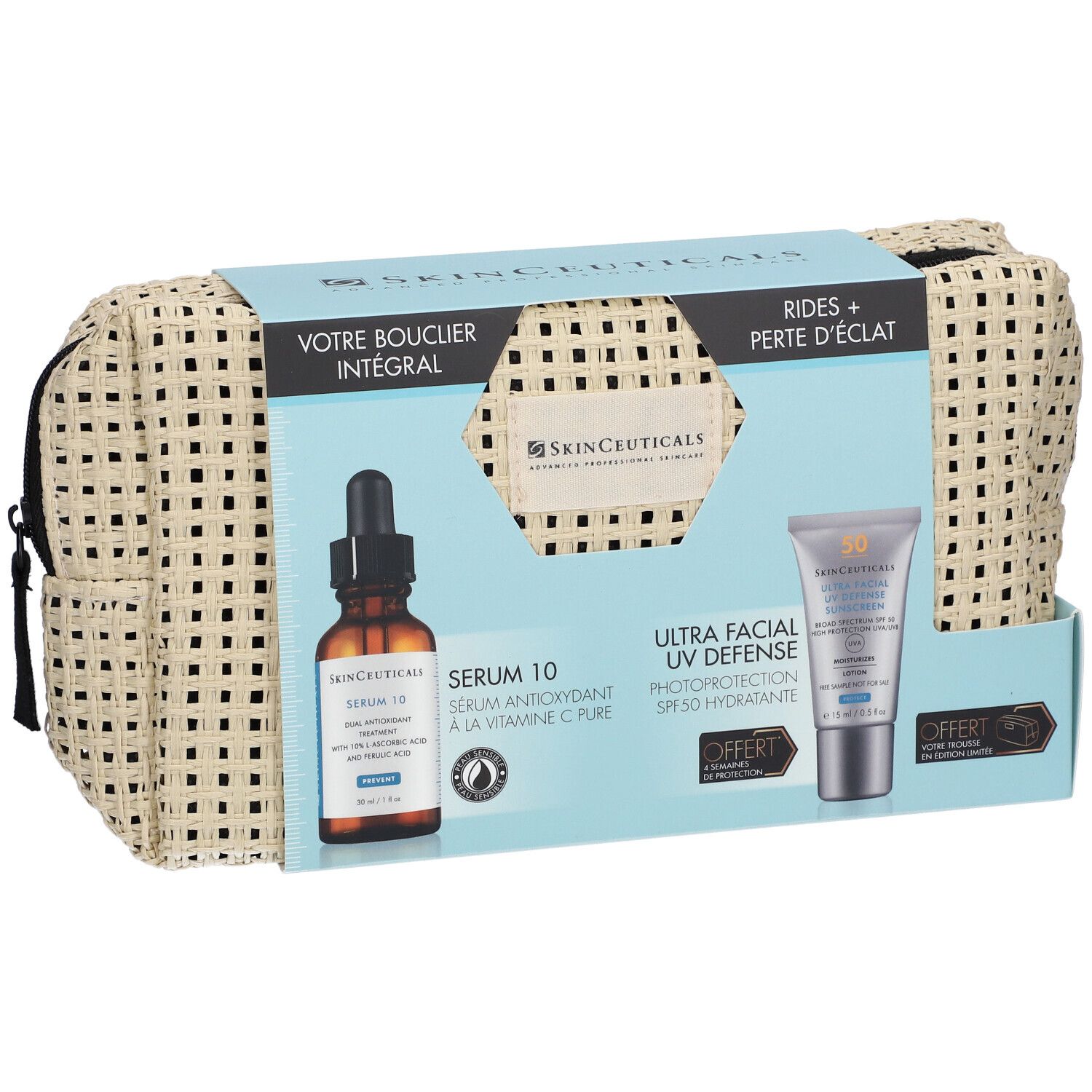 Cadeauset met Serum 10 en UV-bescherming. Beige toilettas met rits. SkinCeuticals-logo en productnamen.