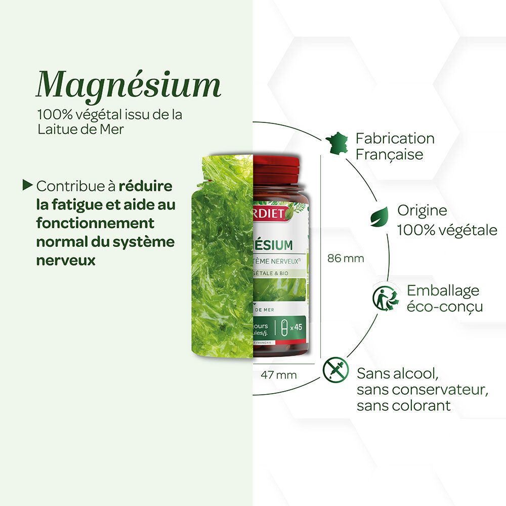 Illustration du produit. Flacon MAGNÉSIUM. 100% végétal. Dimensions : 86 mm de haut, 47 mm de large. Sans alcool, conservateur, colorant.