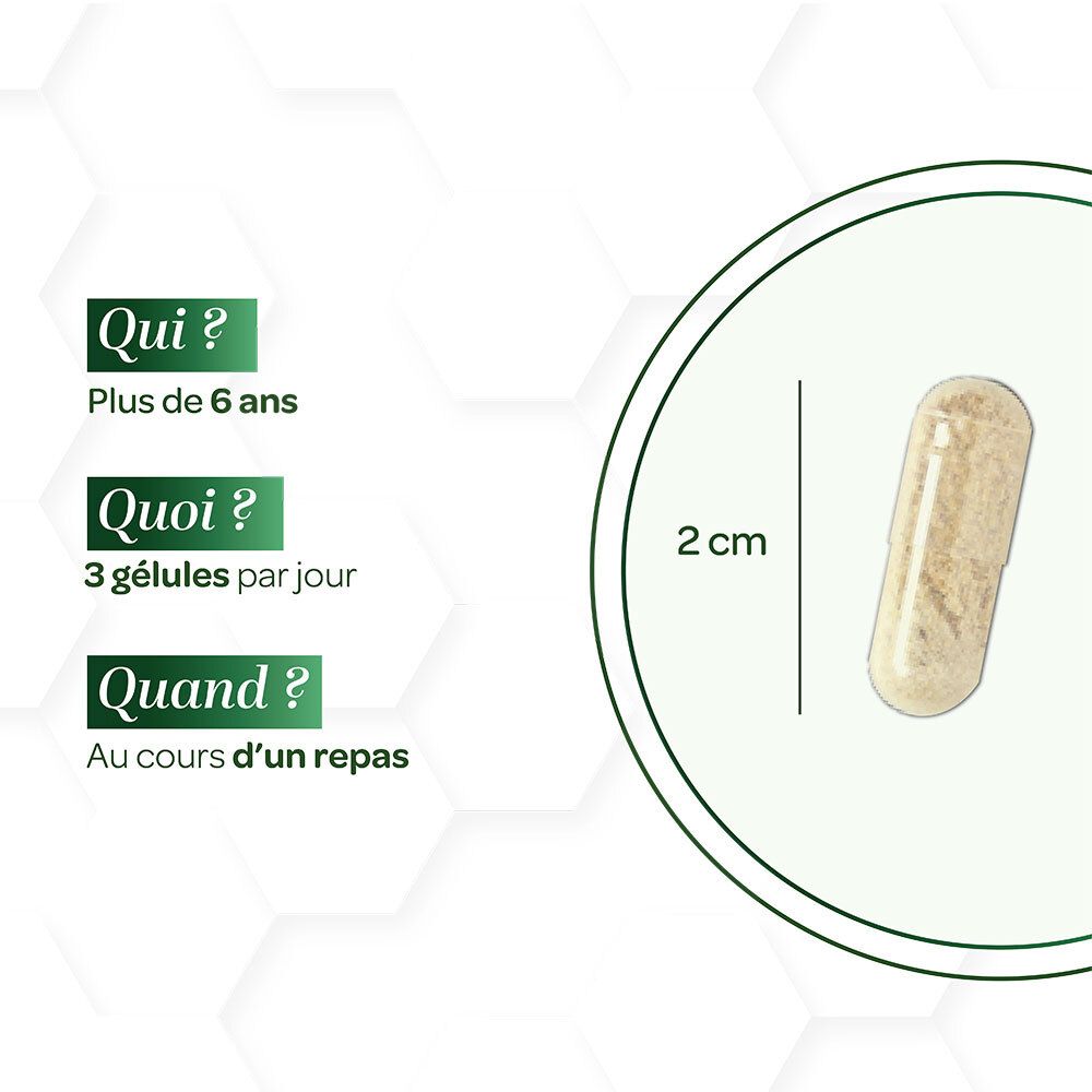 Gélule, 2 cm de long. Texte : Qui ? Plus de 6 ans. Quoi ? 3 gélules par jour. Quand ? Au cours d'un repas.