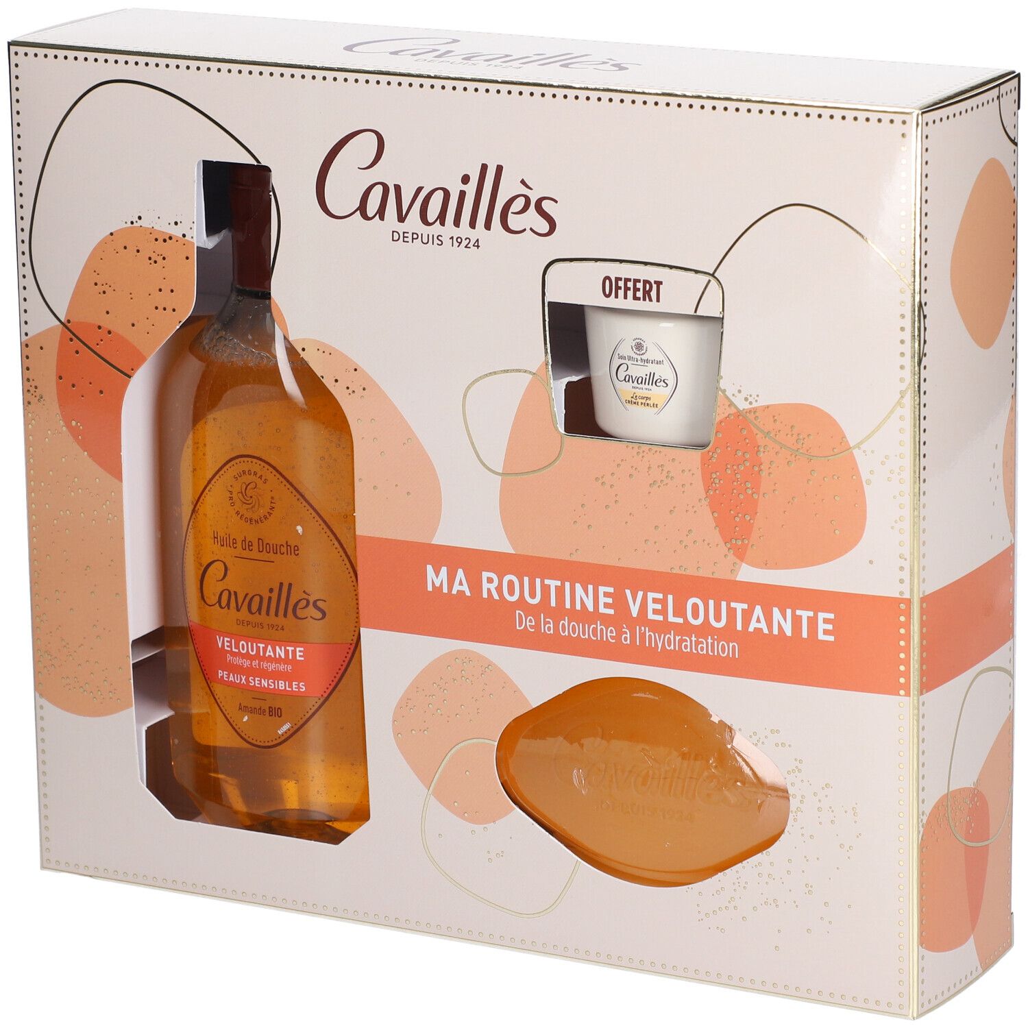 Coffret Cavaillès. Contient huile de douche, crème et savon. Inscription: Ma routine veloutante. Offert.