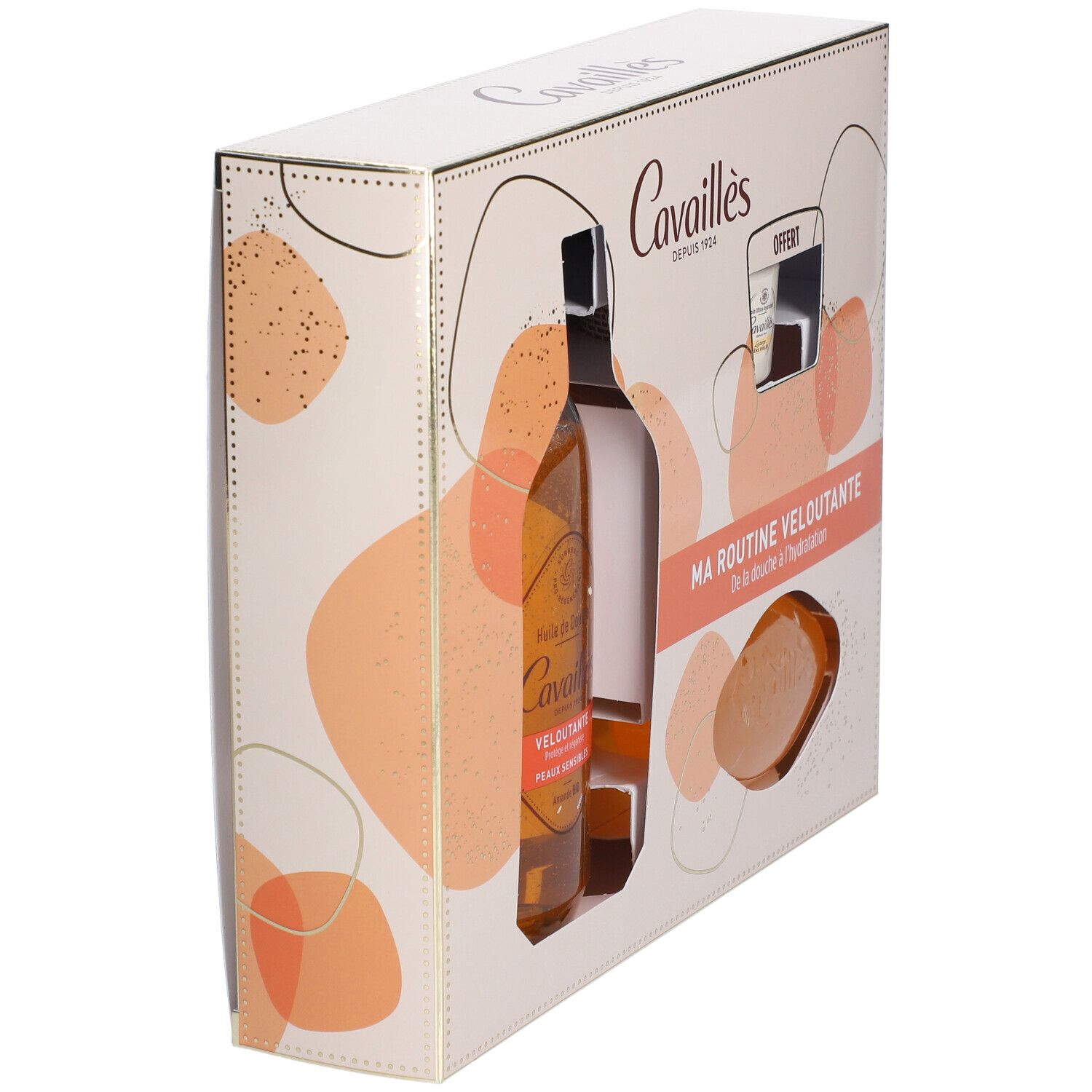 Coffret Cavaillès en biais. Visible: huile de douche, crème, savon. Inscription: Ma routine veloutante.