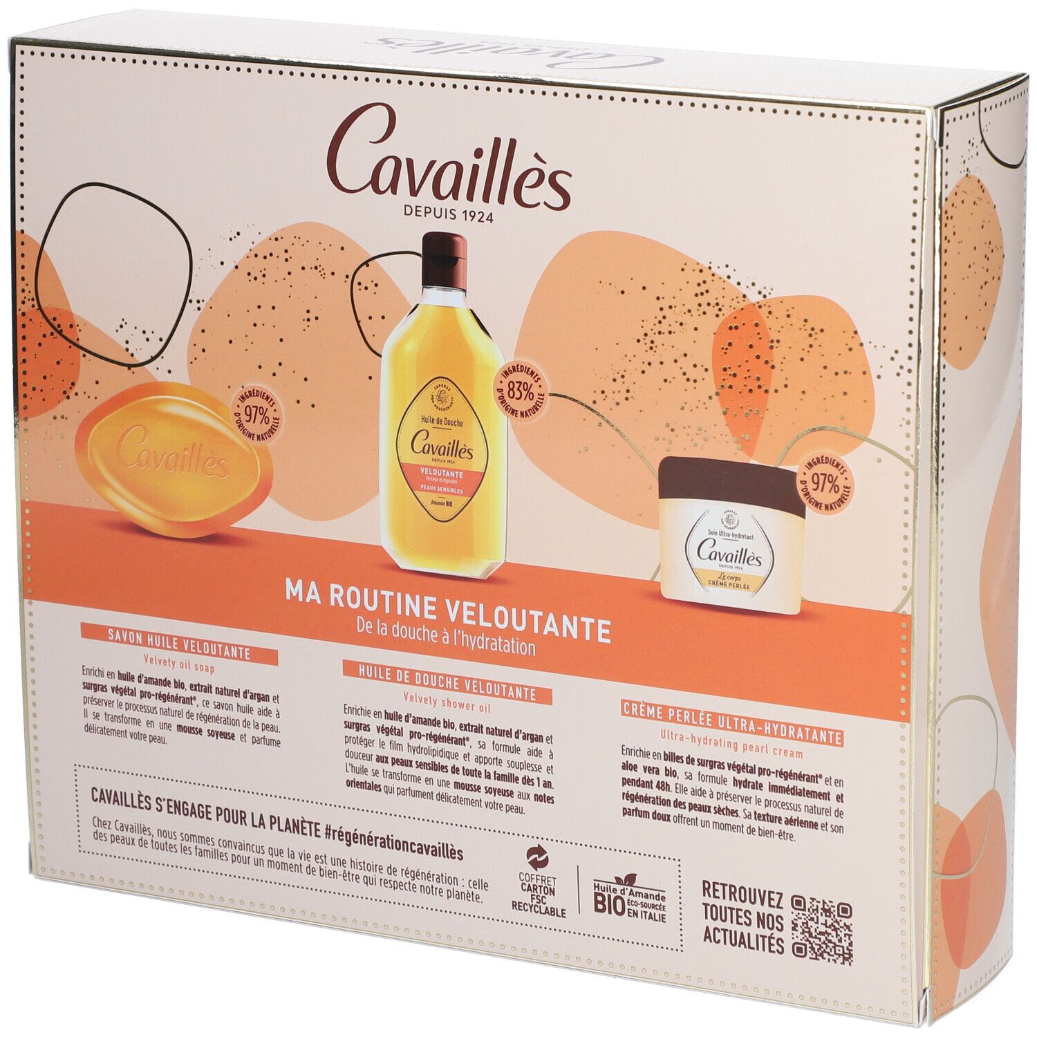Dos du coffret. Produits: huile de douche, crème, savon. Inscription: Ma routine veloutante. Logo recyclage.