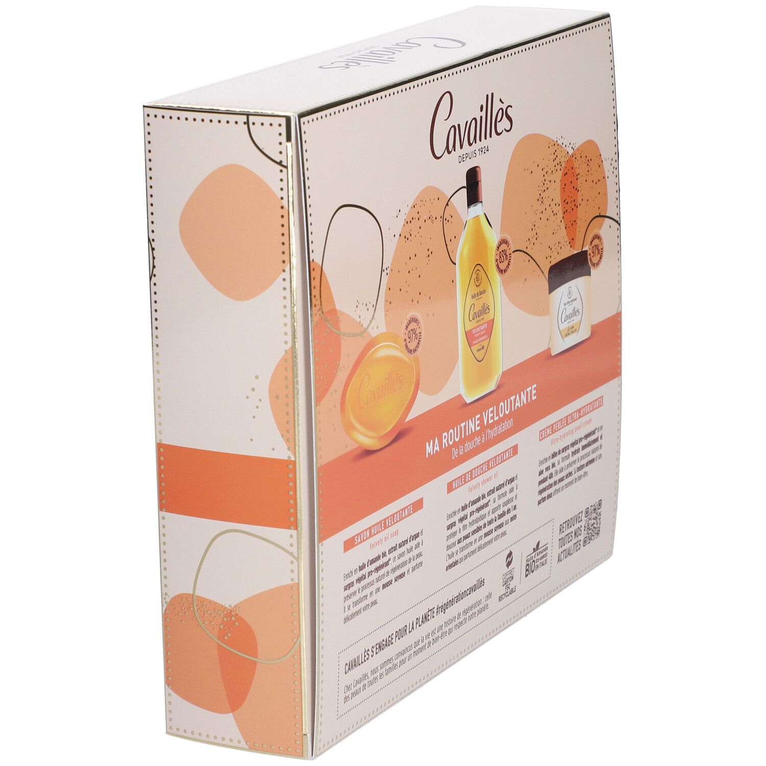 Coffret Cavaillès en biais. Dos avec produits: huile de douche, crème, savon. Inscription: Ma routine veloutante.