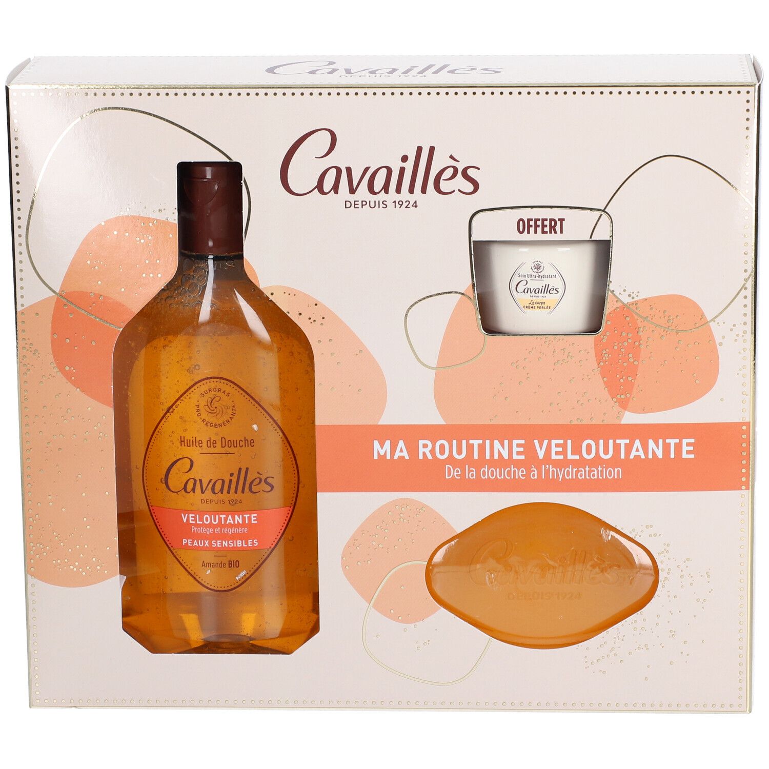 Coffret avec huile de douche, crème et savon. Inscriptions: Cavaillès, Ma routine veloutante. Offert.