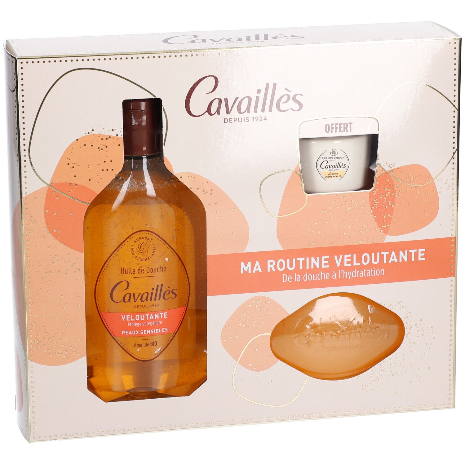 Coffret avec huile de douche, crème et savon. Inscriptions: Cavaillès, Ma routine veloutante. Logo bio.