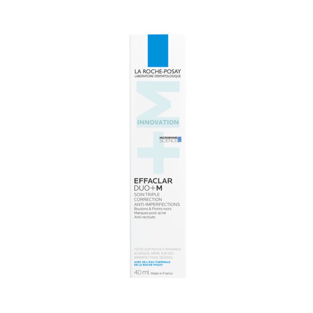Witte verpakking met blauw logo. Tekst: Effaclar Duo+M. Merk La Roche-Posay. 40ml.