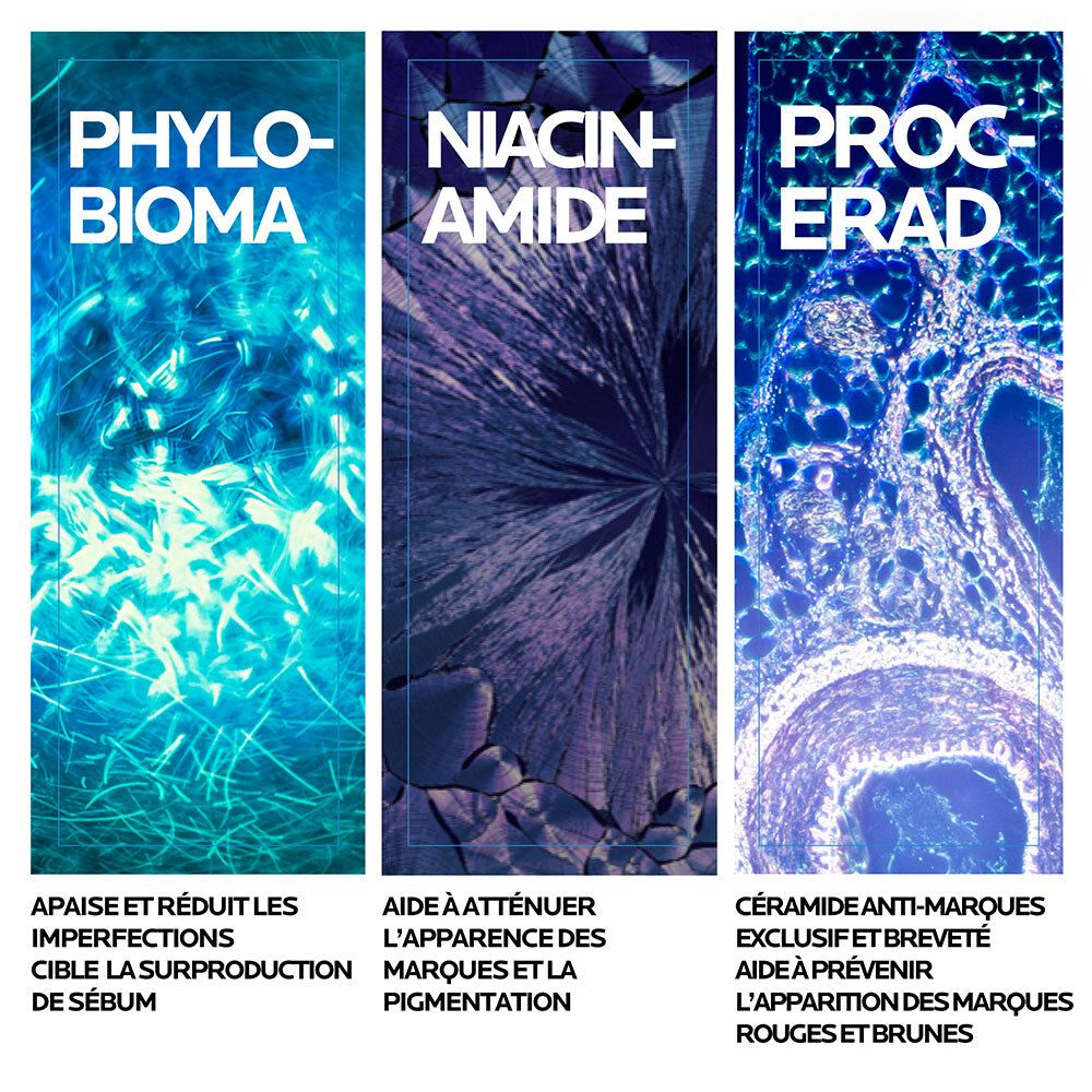 Drie gekleurde afbeeldingen. Tekst: Phylo-Bioma, Niacinamide, Procerad. Actieve ingrediënten voor de huid.