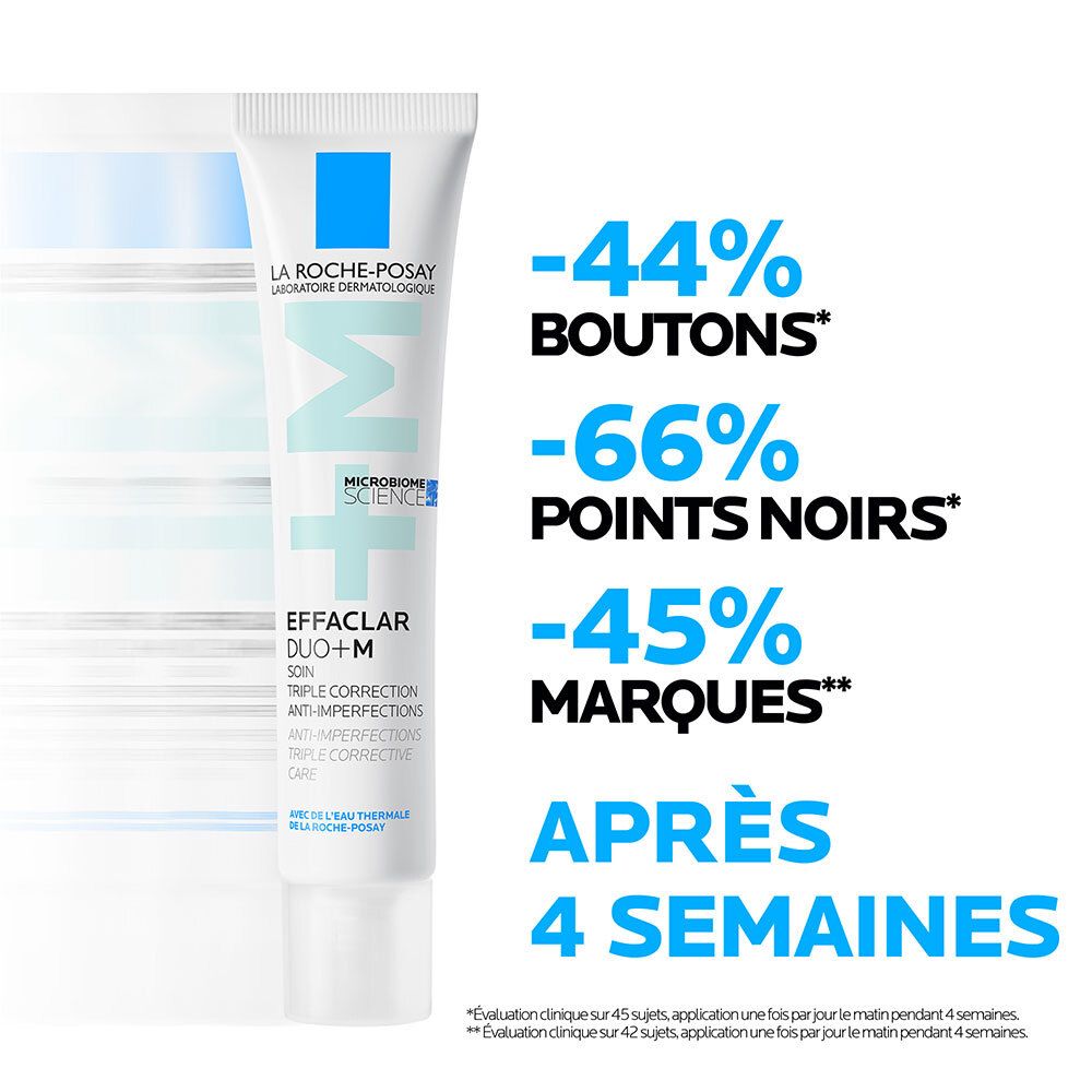 Tube Effaclar Duo+M. Diagram toont verbetering na 4 weken. Tekst: -44% puistjes, -66% mee-eters, -45% vlekken.